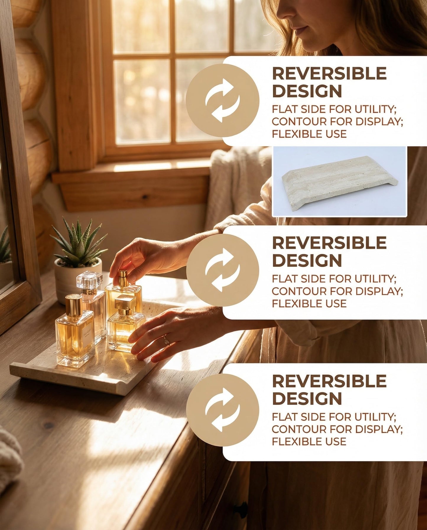 OOBOOB Natural Travertine Marble Tray, Double-Sided Bridge-Shaped Bathroom Tray, Perfume Tray, Multipurpose Perfume Organizer for Home Decor Enthusiasts