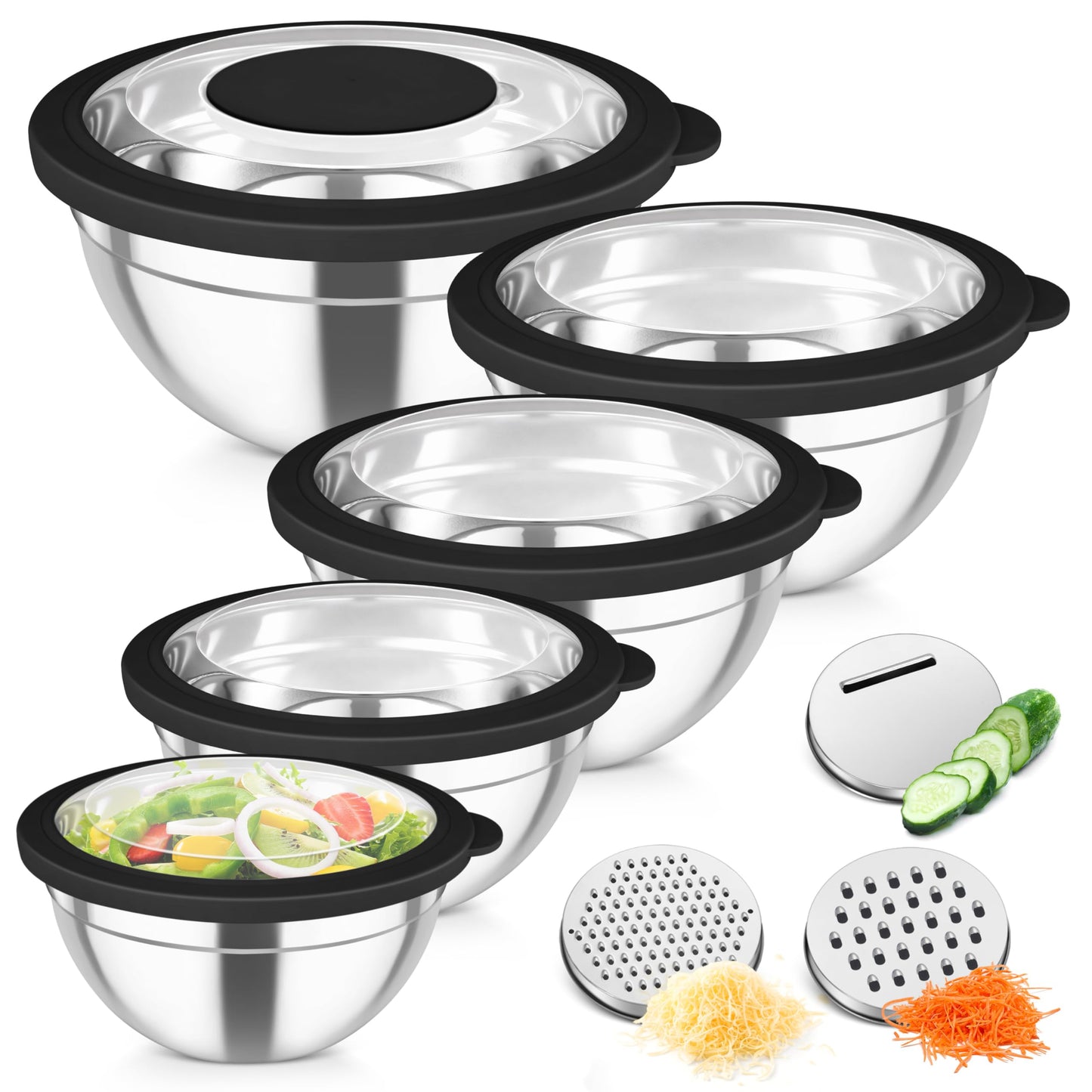 TeamFar Mixing Bowls, Stainless Steel Salad Serving Bowl with Clear Lids & 3 Graters, For Kitchen Cooking Prepping Storing, Size 4.6/2.6/1.5/1/0.7 QT, Nesting & Airtight, Set of 5 & Black