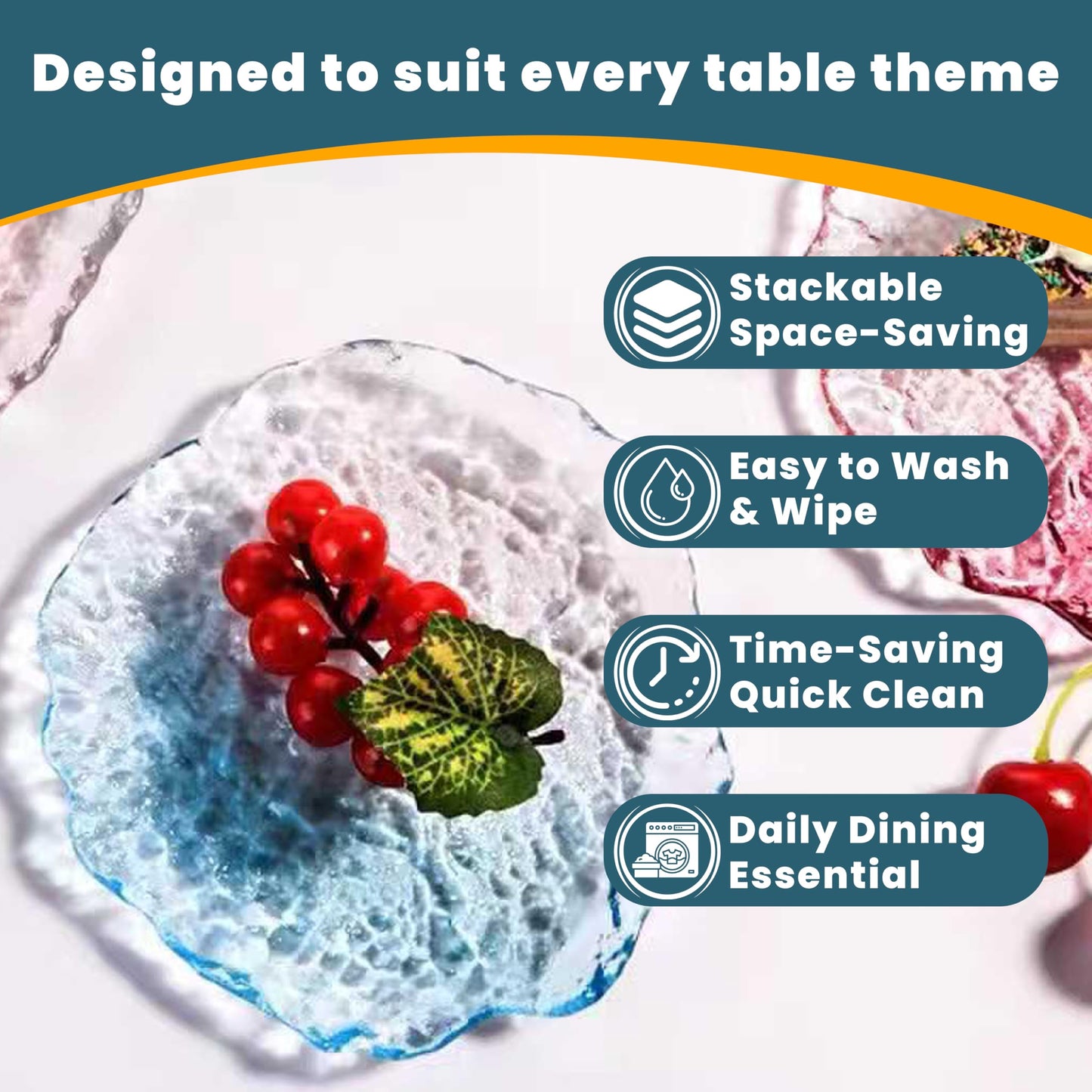 Coolcapis 6 pcs Textured Glass Plates Set – Wavy Edge Decorative Hammered Ice Appetizer Plates, Frosted Elegant Clear Glass Serving Tray Dinner Artistic Dinnerware (Blue, Small)