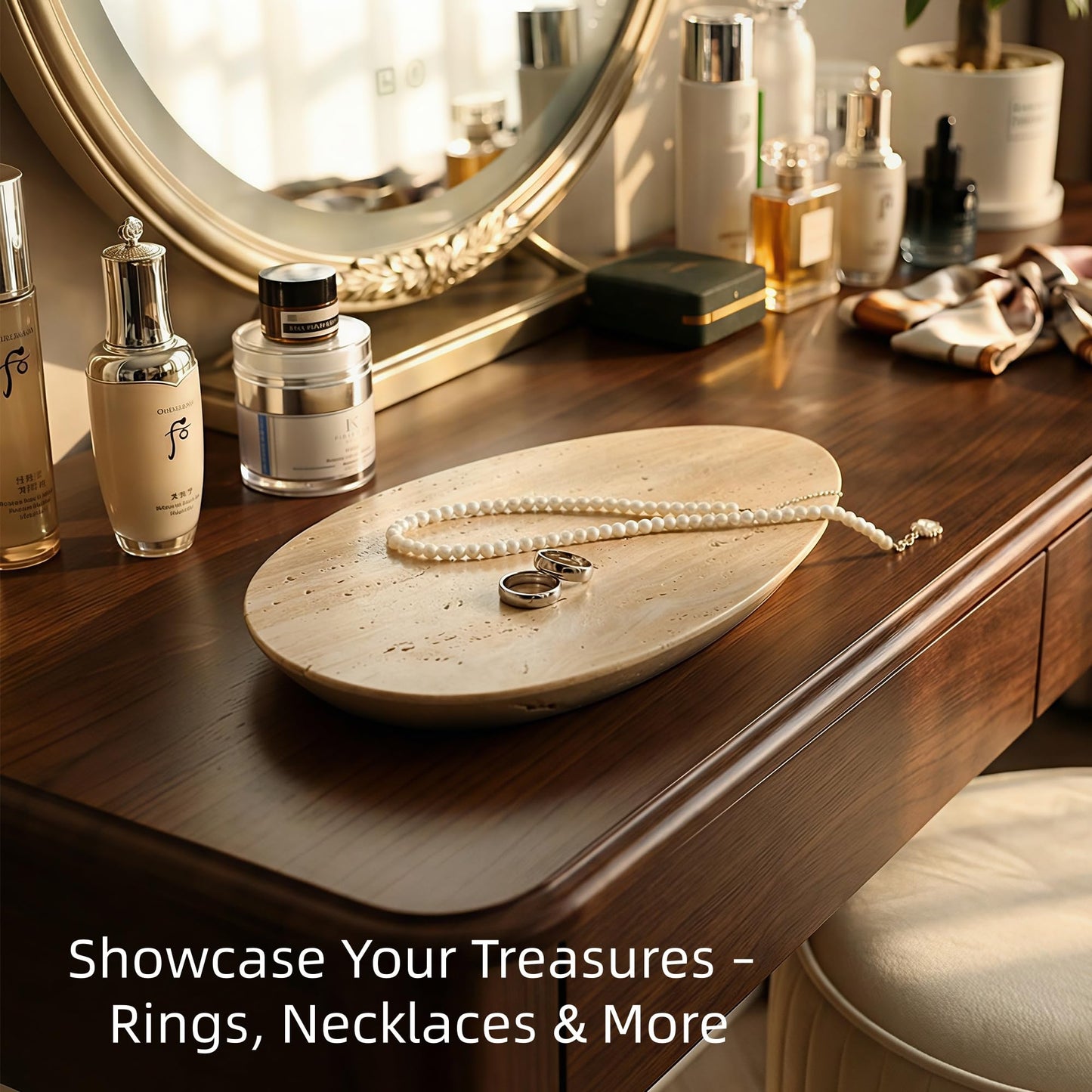 Natural Travertine Tray, Modern Decorative Stone Tray for Coffee Table, Jewelry Display Organizer for Rings Necklace, Candle Holder Catchall for Living Room Bathroom Vanity Decor (L)