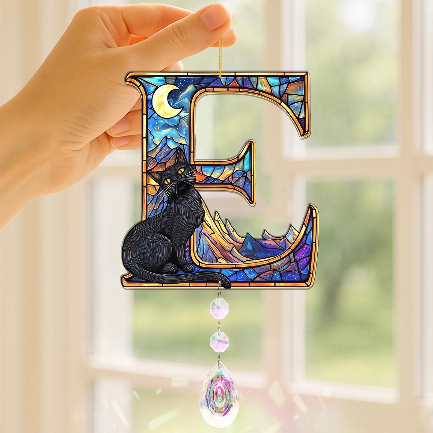 Suncatchers for Windows Hanging, Cat Starry Night Gifts for Women, Crystal Sun Catchers Indoor Window Rainbow Maker. Black Cat Lover Gifts for Women Personalized - Letter E