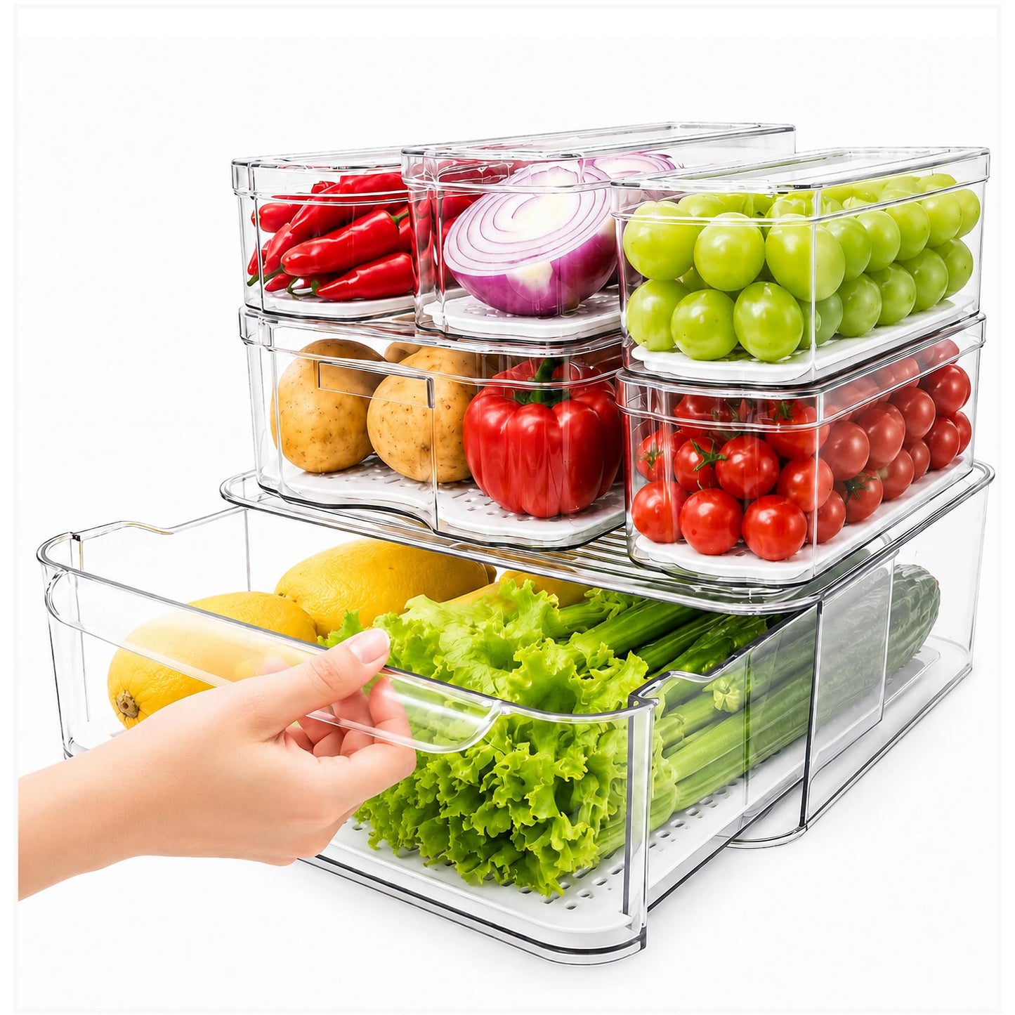 SMRCAD Refrigerator Organizers and Storage, 6 Pack with 1 Pull-Out Drawer and 5 Lidded Bins, Fruit Storage Containers for Fridge with Drain Trays, Helps Keep Produce Fresh