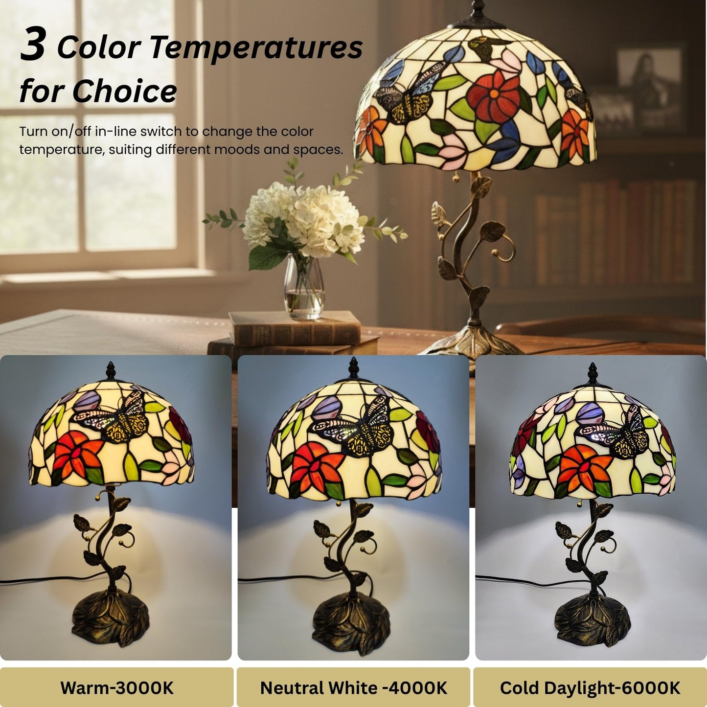 3EShinesys Tiffany Table Lamp, 12" Butterfly Flower Handmade Stained Glass Lamp Shade, Vintage Reading Light for Bedroom Living Room, LED Bulb Included