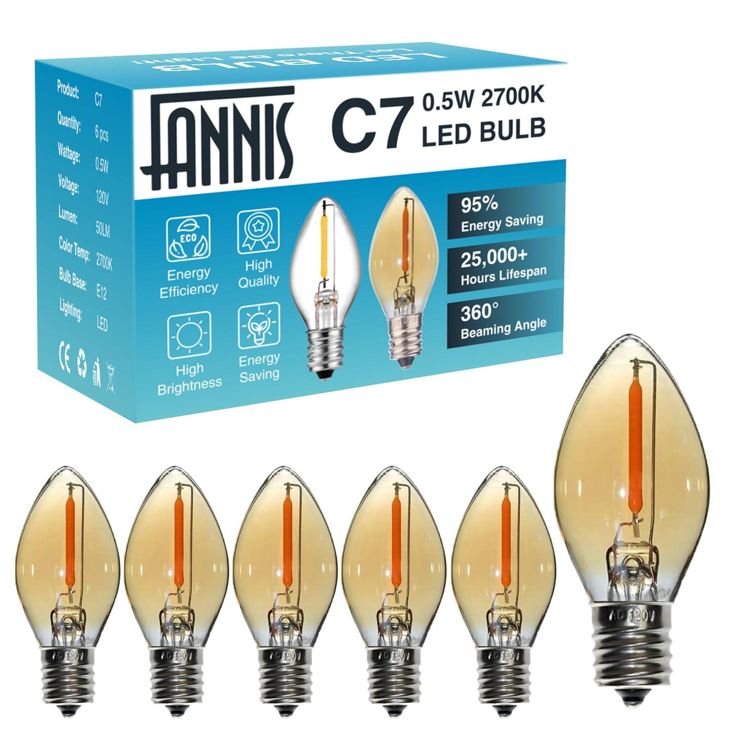 FANNIS 6 Pack C7 LED Night Light Bulbs,E12 Candelabra Base Light Bulb 5 Watt Equivalent, 0.5W 25000 Hours Lightbulb 2200K Amber Warm Replacement Bulbs for Table Lamp Christmas Decoration String Lights