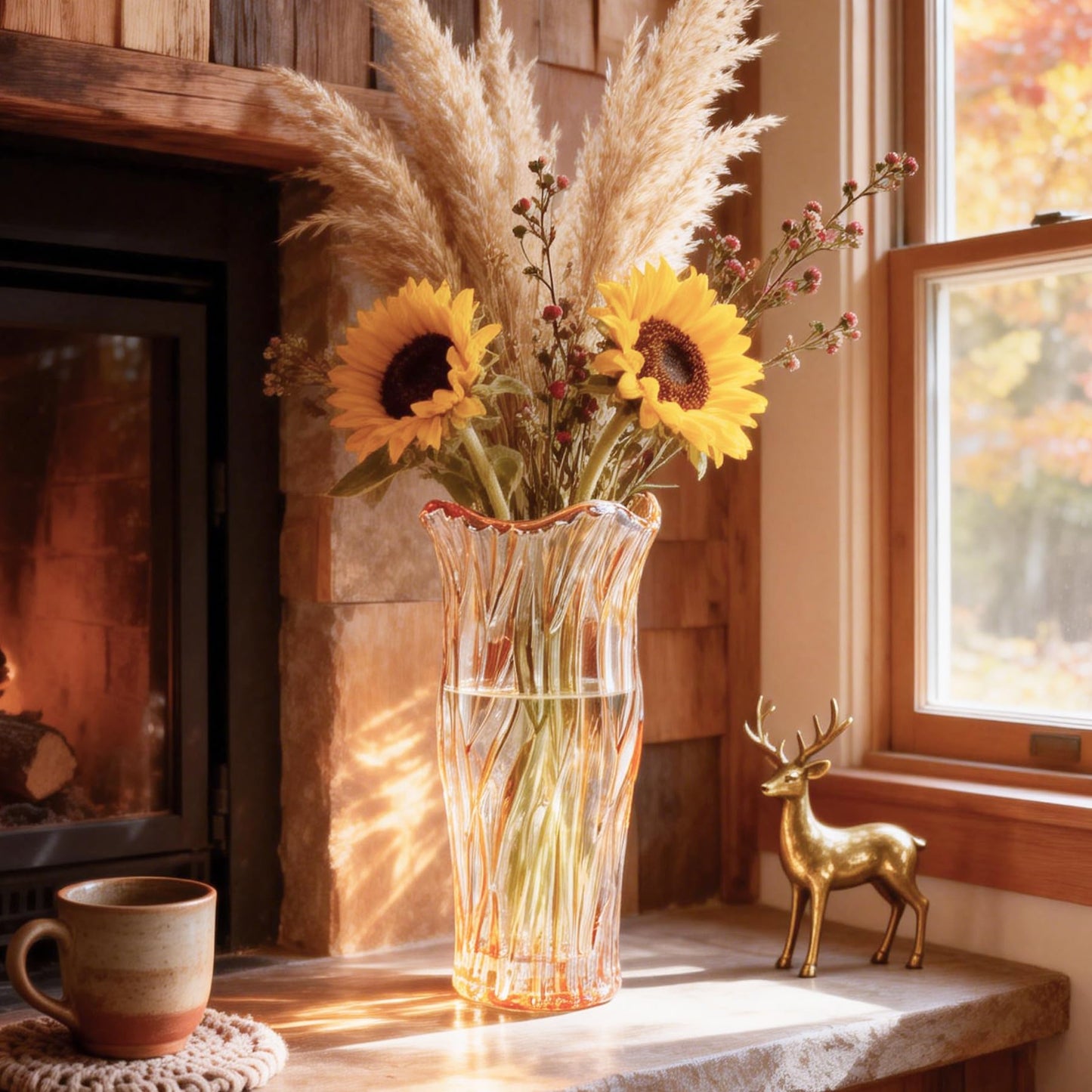 Glass Vase for Flowers, Gold Amber Clear Glass Vases for Centerpieces, Crystal Vase for Home Table Flower Decor 9.1 inches Tall