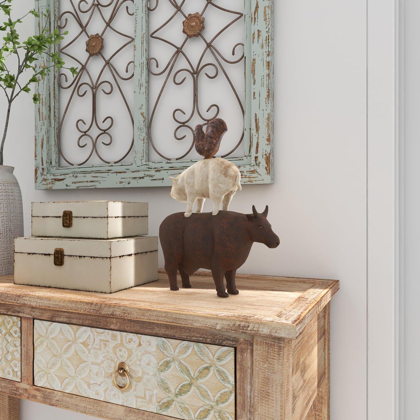 Deco 79 Polystone Farm Animals Decorative Sculpture Stacked Home Decor Statue, Accent Figurine 11" x 3" x 14", Brown