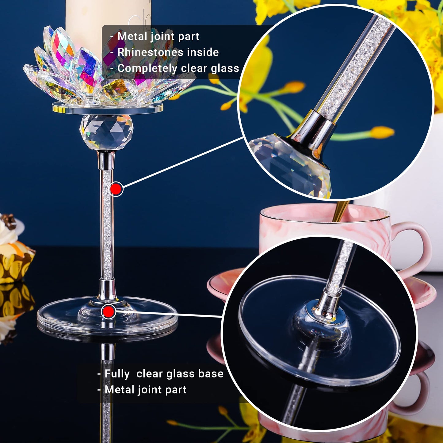 Crystal Candle Holders Set of 2, Lotus Flower Tealight Holders with Clear Glass Base, Rhinestone Stand and Ball, Elegant Table Centerpieces for Home Decor, Wedding, Party