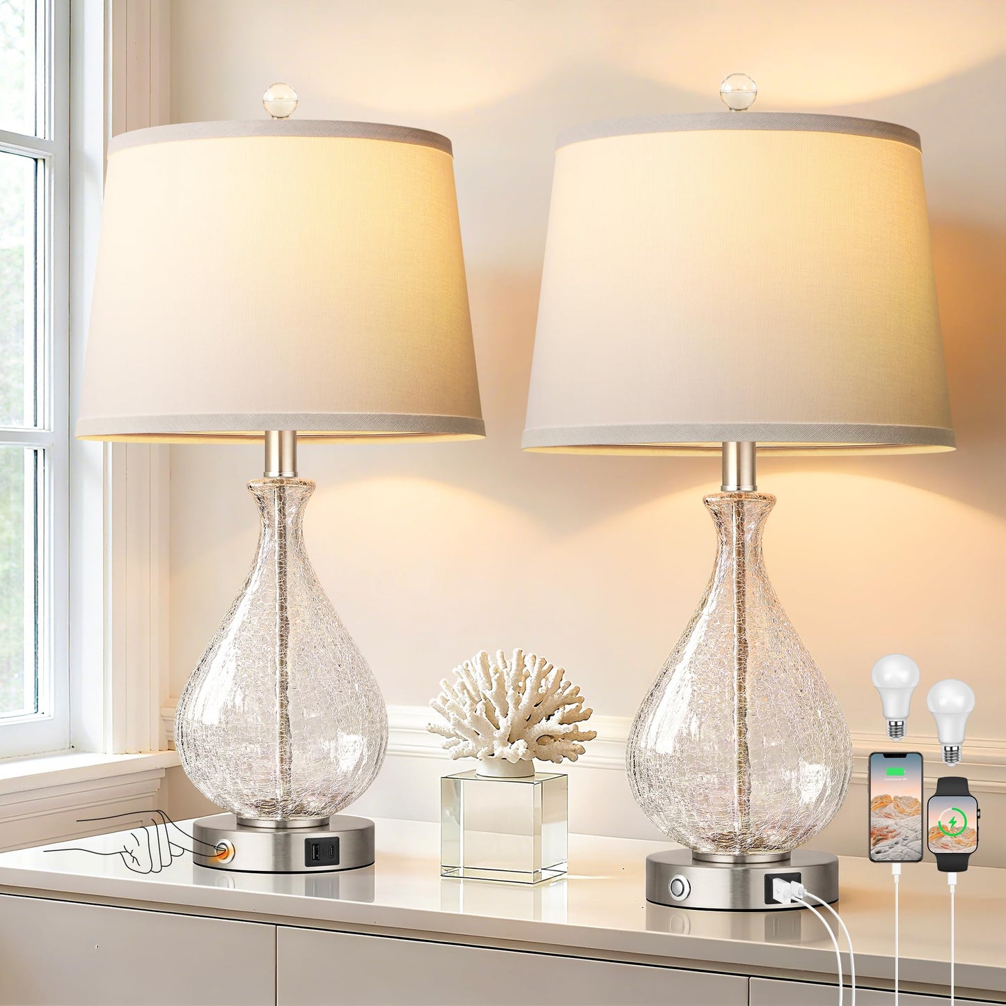 QiMH Glass Table Lamps for Living Room, Bedside Lamps Set of 2 with USB A+C Charging Ports, 3 Way Dimmable Touch Lamps for Nightstand, 22.5" Modern Table Lamp for Bedroom Office, LED Bulbs Included