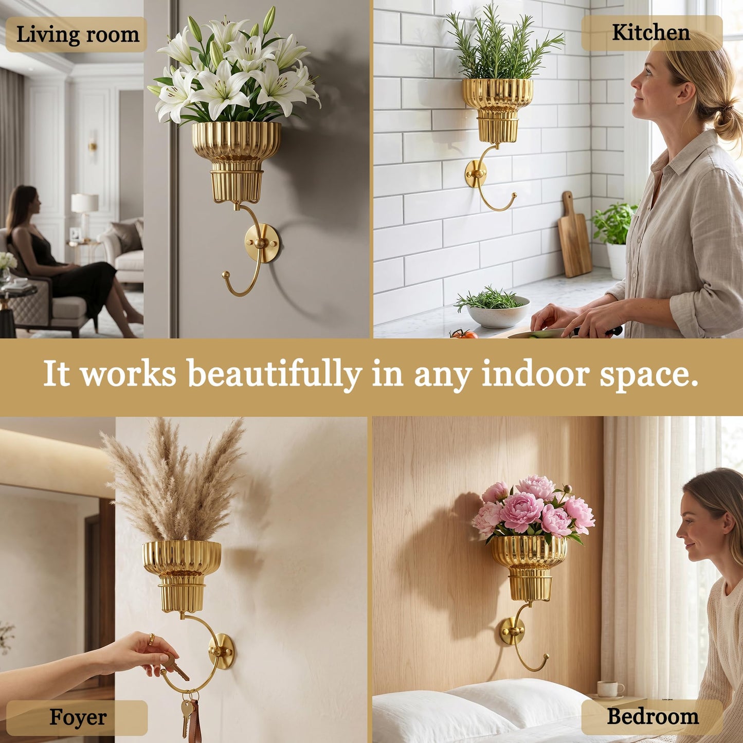 MAUYAR Hanging Plant Wall Vessel for Flowers with Hook, Indoor Outdoor Boho Bathroom Decor Wall Art Planter Mounted Vase (Gold)