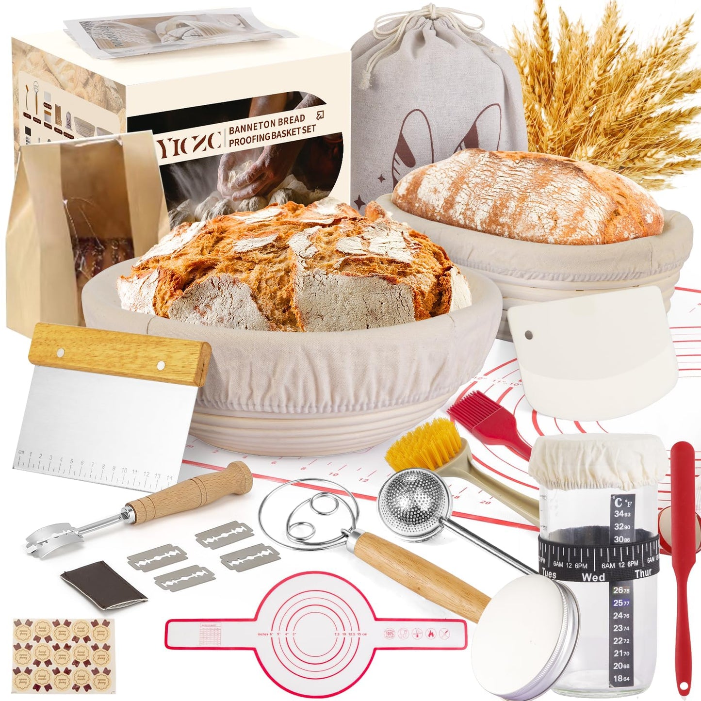 Yiczc Sourdough Starter Kit with Round 9" & Oval 10" Banneton Bread Proofing Baskets, Starter Jar, Dough Whisk, Scraper & Bread Sling, Complete Sourdough Bread Baking Supplies Gift Set for Home Bakers