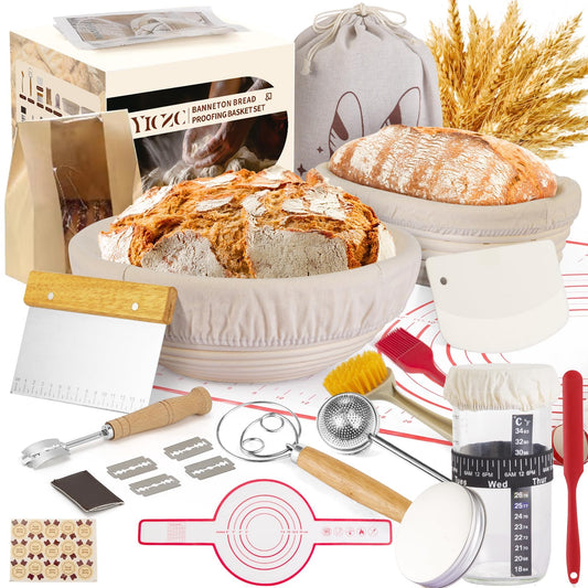 Yiczc Sourdough Starter Kit with Round 9" & Oval 10" Banneton Bread Proofing Baskets, Starter Jar, Dough Whisk, Scraper & Bread Sling, Complete Sourdough Bread Baking Supplies Gift Set for Home Bakers