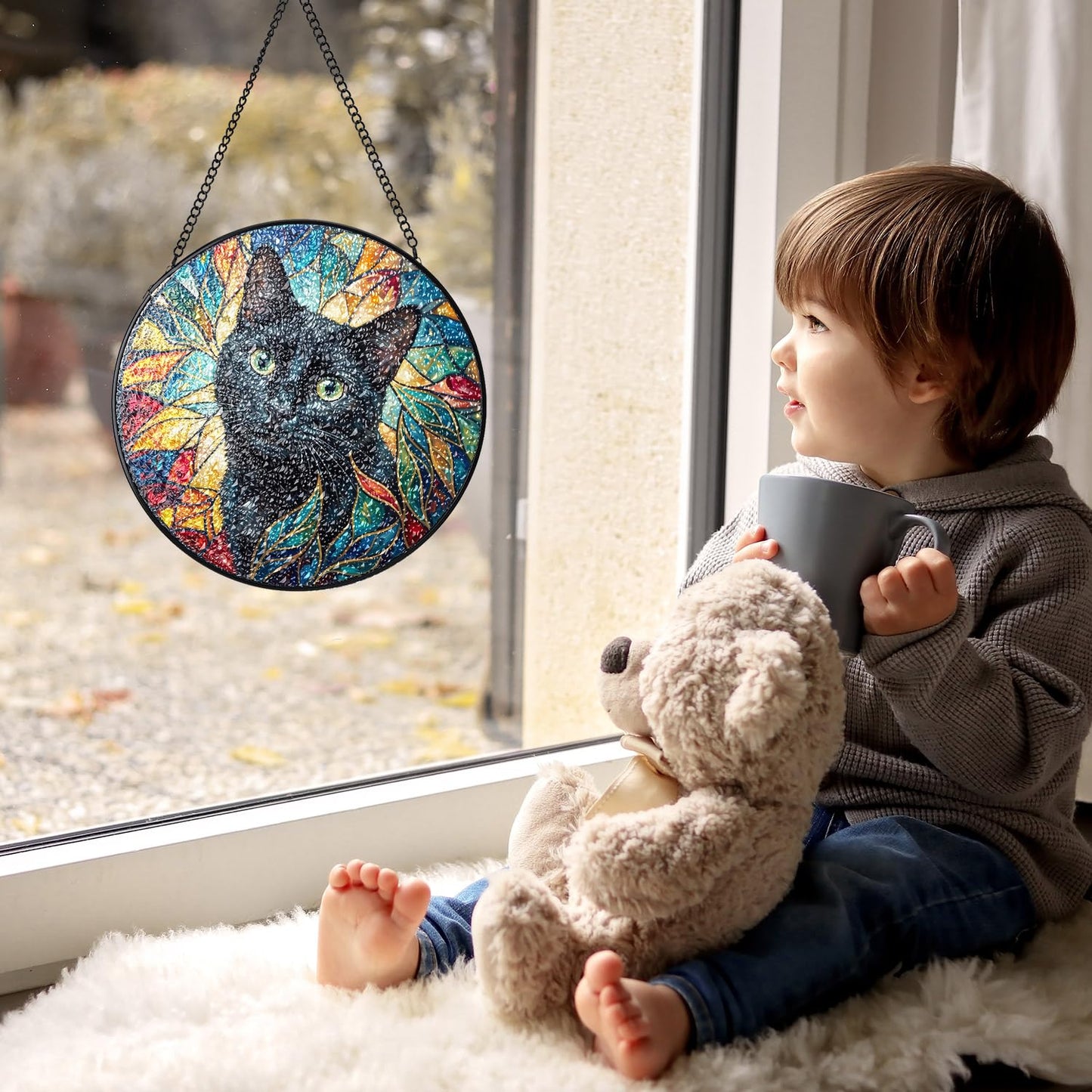 Stained Glass Window Hanging, Black Cat Stained Glass Style Leaves Suncatchers Glass, Sun Catcher Decoration Wall Decor, Cat Lover Gifts, Mother Gifts