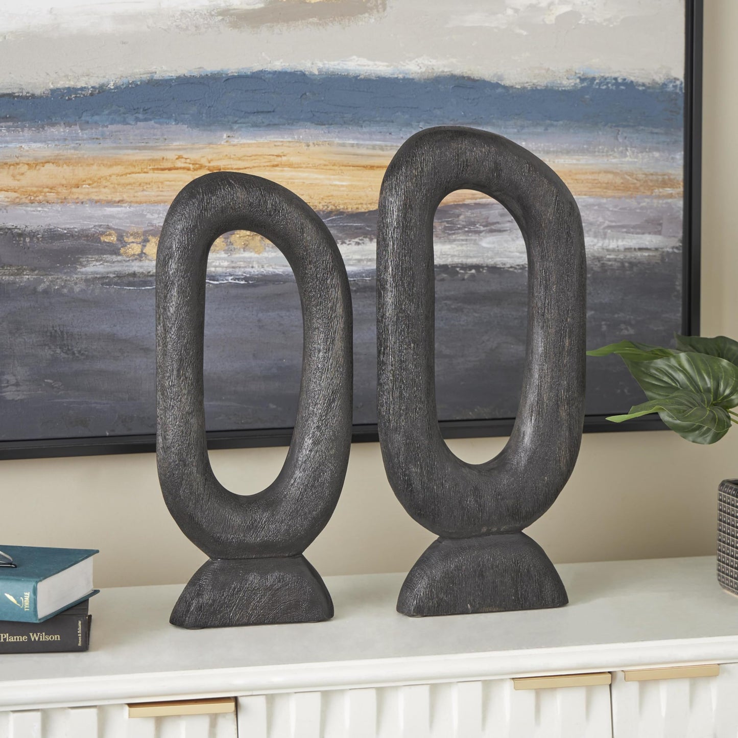 Deco 79 Mango Wood Abstract Decorative Sculpture Cutout Oval Home Decor Statues, Set of 2 Accent Figurines 20", 18"H, Black