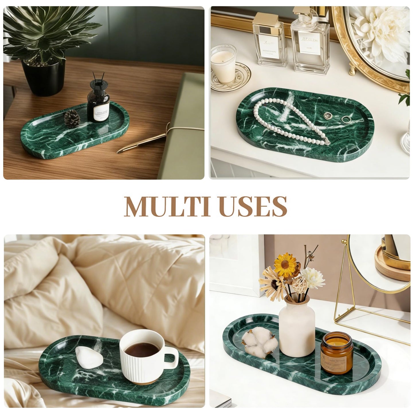 Natural Marble Tray, Green Stone Tray, Vanity Decorative Tray for Countertop, Catchall for Perfume, Candles, Skincare, Jewelry Dish, Bathroom Tray, Hotel Supplies