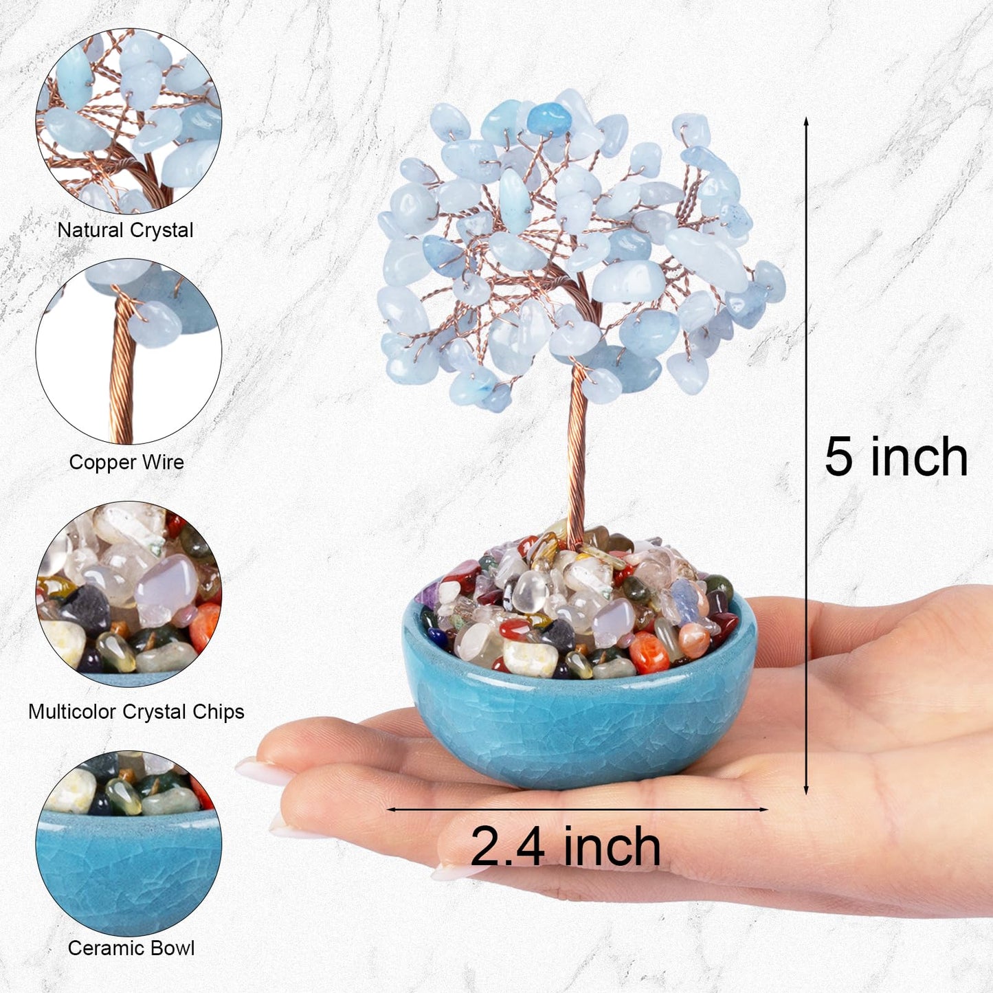 Aquamarine Crystal Tree of Life with Ceramic Bowl Base, 5 Inch Feng Shui Money Tree for Wealth & Prosperity, Bonsai Tree for Home Office Desk Decor, Spiritual Reiki Healing Gift