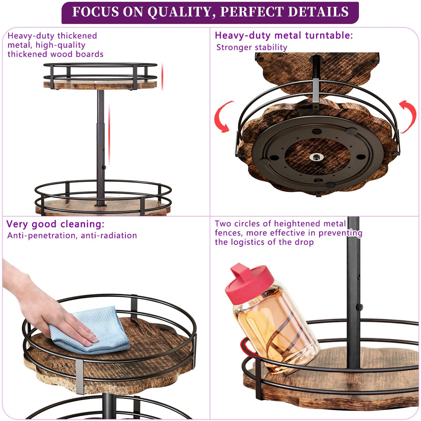 Heavy-Duty 2-Tier Lazy Susan Organizer, Adjustable to Different Heights, Countertop Spice Rack, Upgraded Thickened Wooden Board, Suitable for Seasoning Organizer, Kitchen Organization