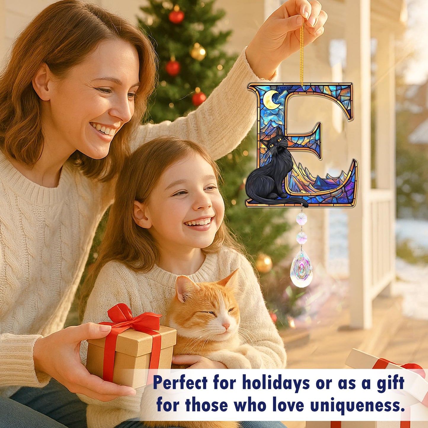 Suncatchers for Windows Hanging, Cat Starry Night Gifts for Women, Crystal Sun Catchers Indoor Window Rainbow Maker. Black Cat Lover Gifts for Women Personalized - Letter E