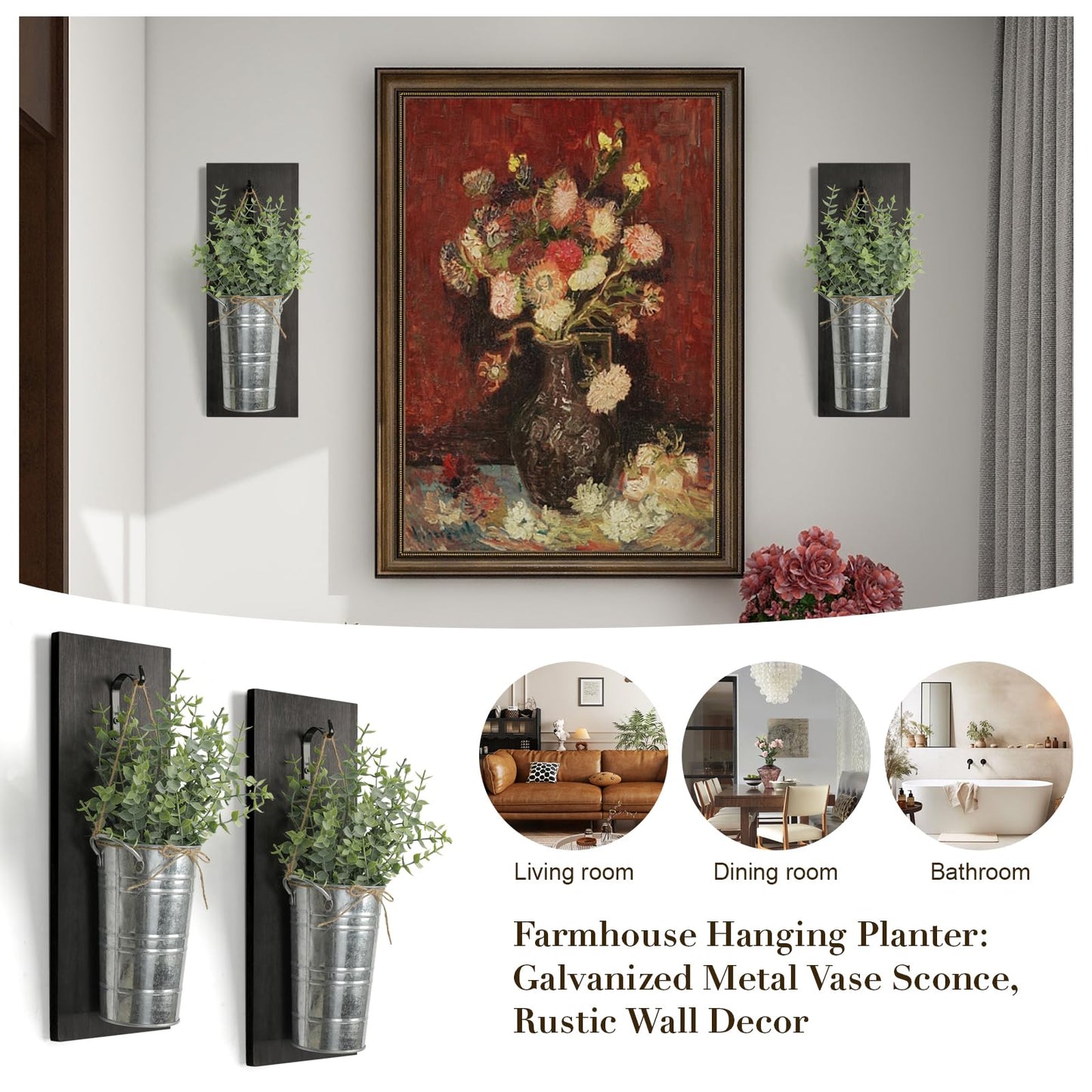 SHOHAYTO Farmhouse Wall Decor Set of 2 - Wood Hanging Planters with Artificial Eucalyptus, Rustic Vertical Pocket Vases for Bathroom Kitchen, Indoor Greenery Decor