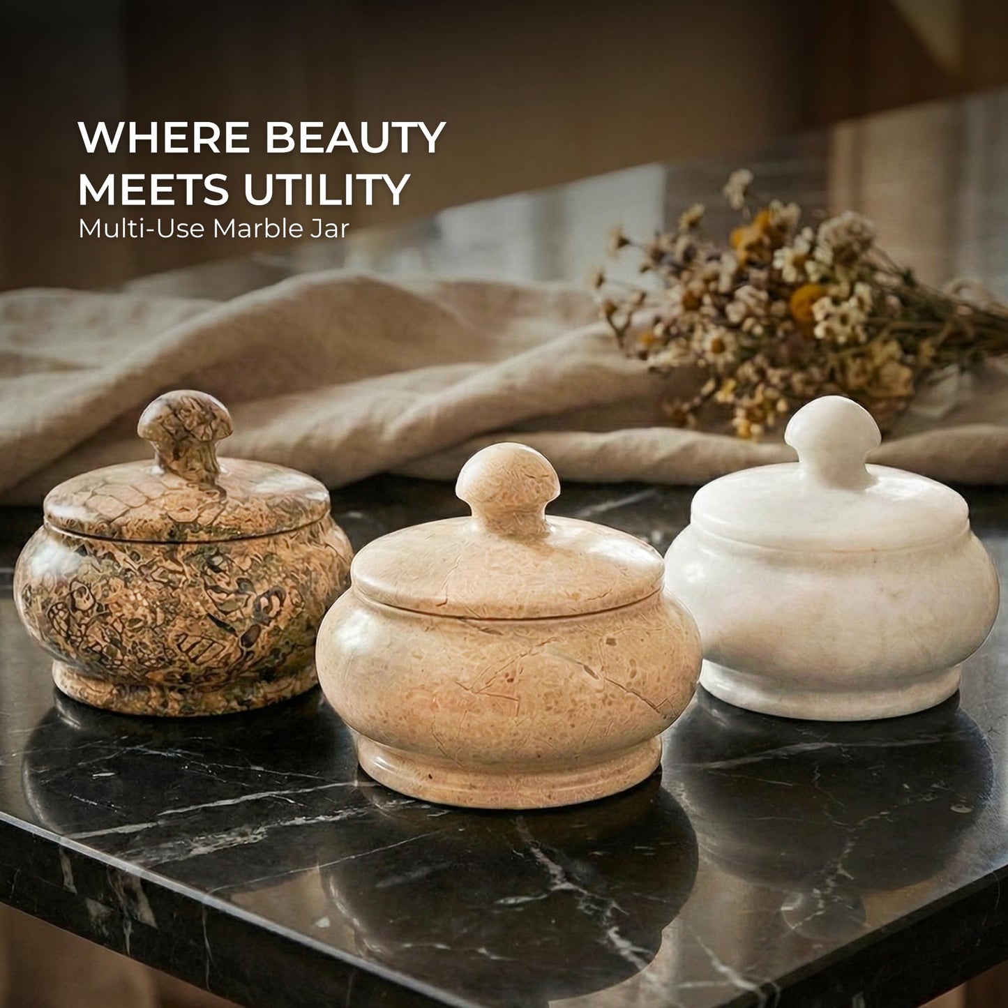 UrbanFocal Natural Decorative Marble Jar with Lid - 3 Inch Polished Marble Salt Cellar & Spice Jar - Small Jewelry Box & Bathroom Vanity Organizer, Coral
