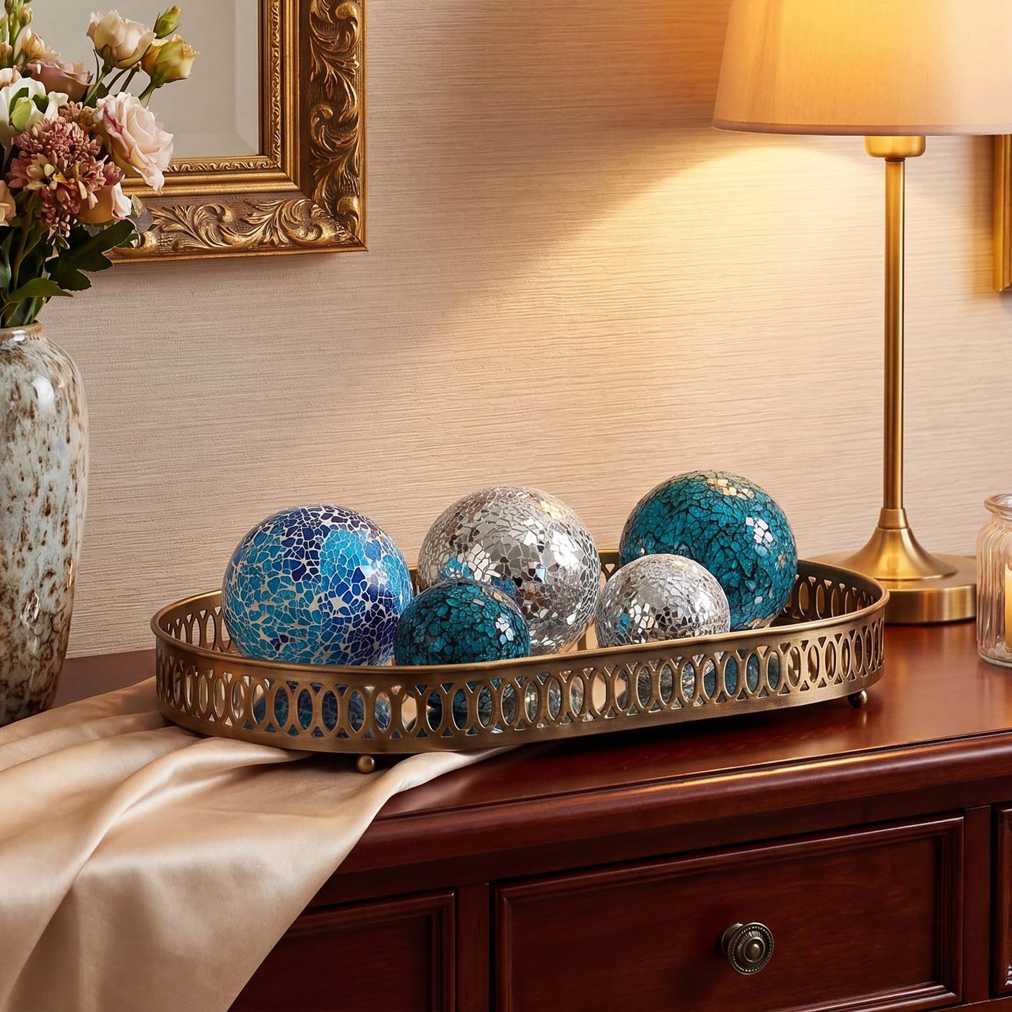 Qinyoung White 8 Pcs Decorative Ball for Bowls, 3'' 4'' Glass Mosaic Sphere Decorative Orbs for Centerpiece Bowls Vase Fillers, Wedding, Party, Coffee Table & Home Decor (Blue,Cyan)