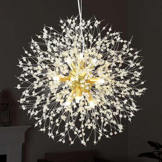Qamra Modern Gold Crystal Chandeliers, Firework Dandelion Sputnik Chandelier Light Fixture Pendant Lighting for Dining Room, Bedroom, Kitchen, Living Room(9-Light, Gold)