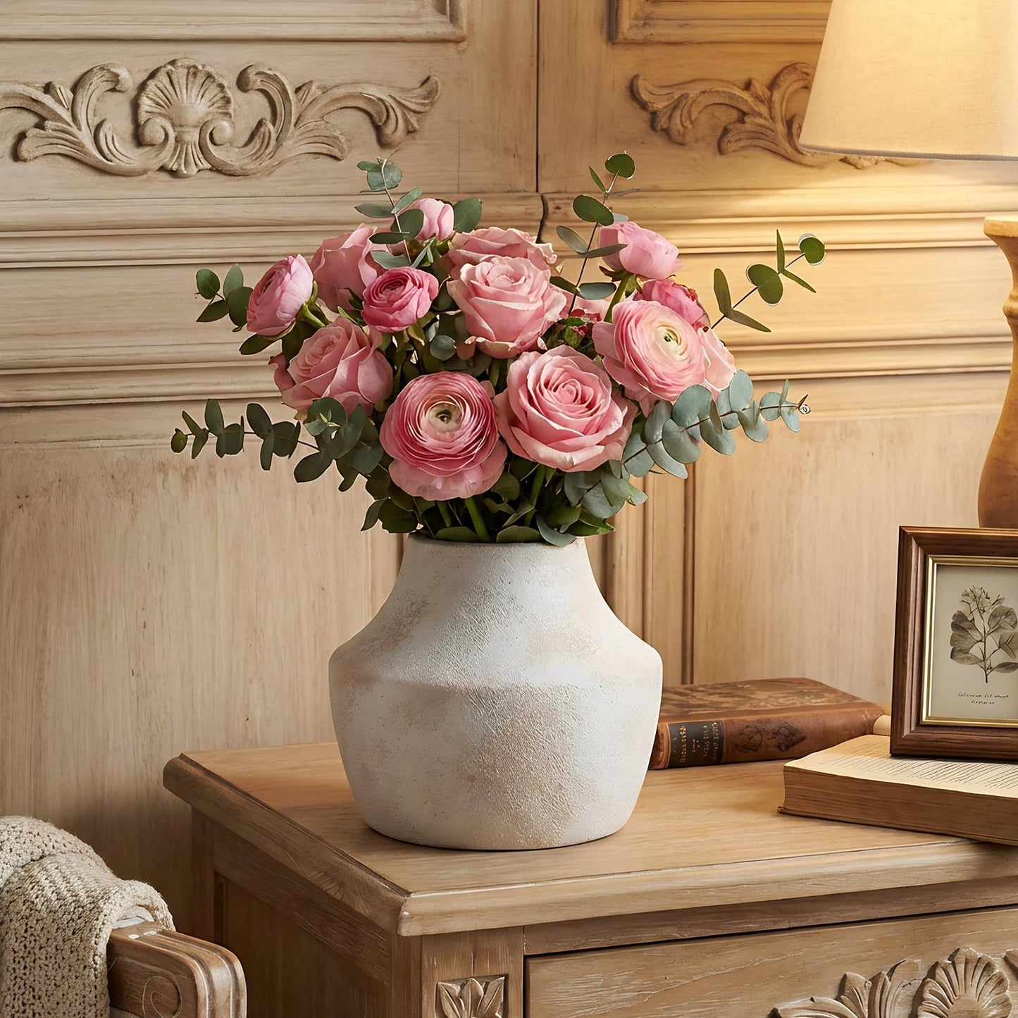 Ceramic Flower Vase 5.2 Inch - Farmhouse Centerpiece Vase for Home Decor, Rustic Table Vase for Dried Flowers, Handcrafted Pottery for Living Room, Shelf & Wedding Decor