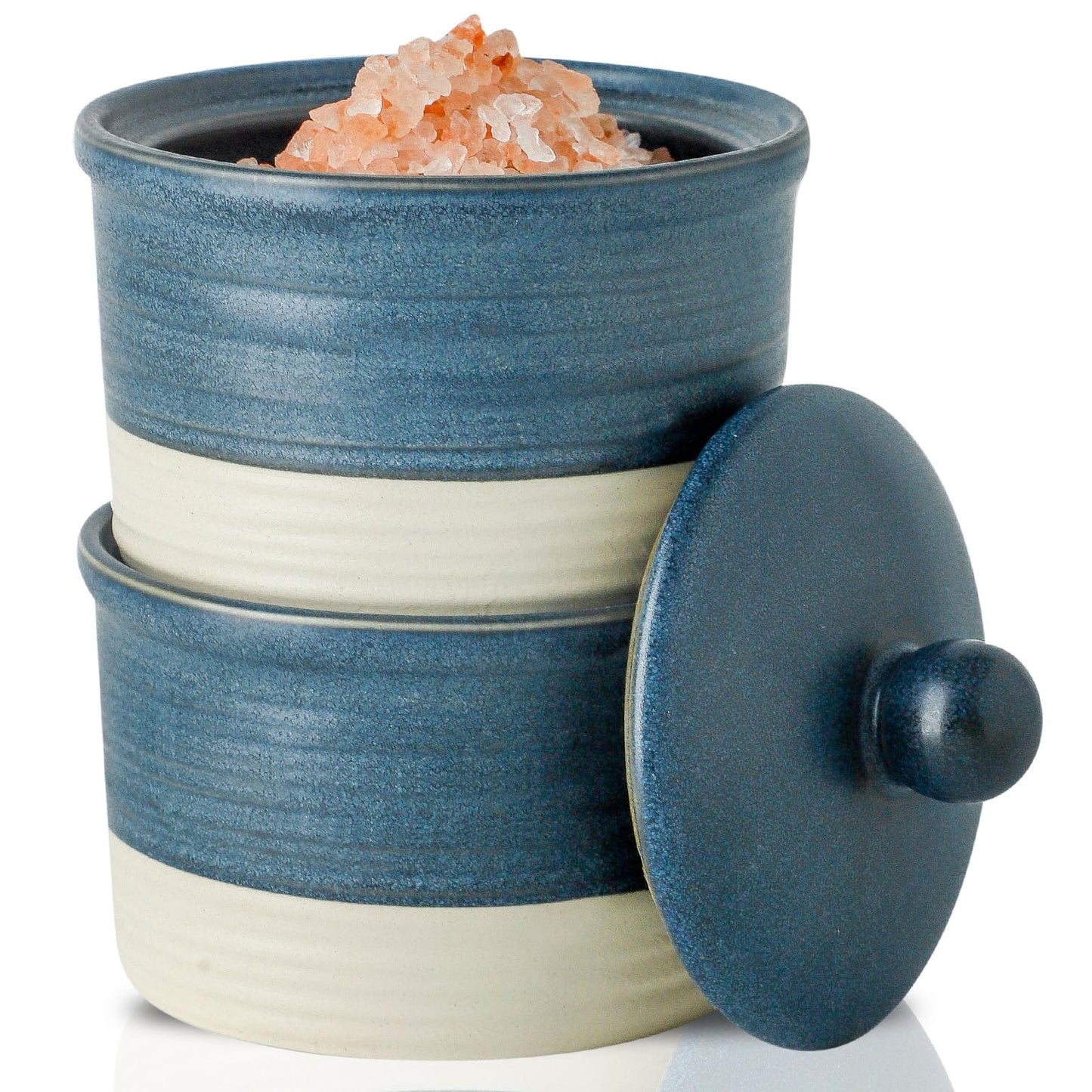 Hasense Salt Cellar Set, Ceramic Salt Box with Lid, 9 oz Stacked Salt Pepper Container for Countertop, Small Spice Bowls for Salt Pepper Sugar, Christmas Gift Ideas, Set of 2, Deep Blue