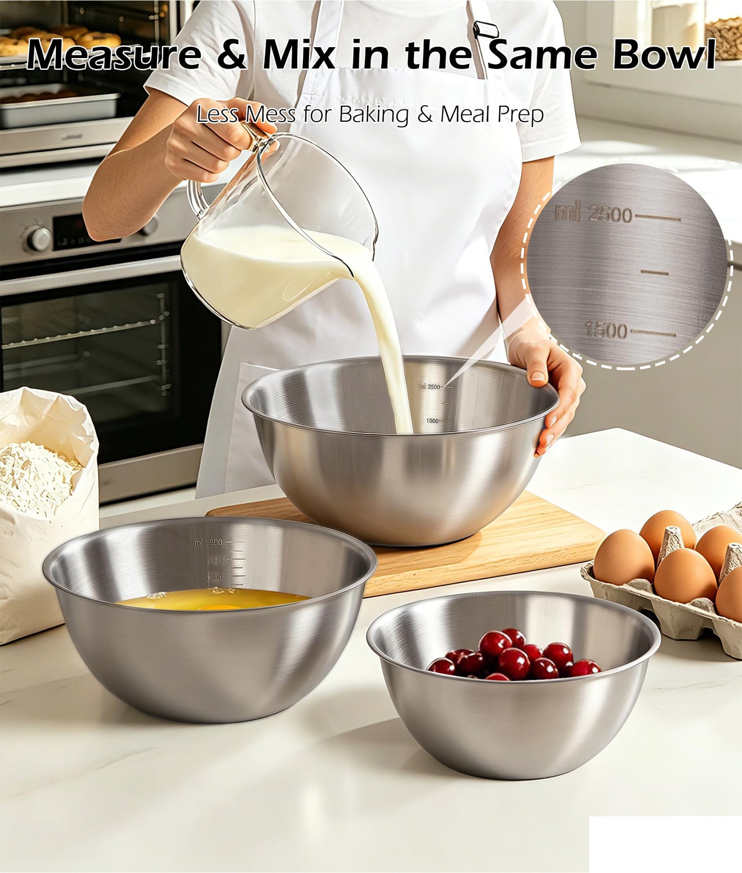 Stainless Steel Mixing Bowls Set of 4 with Colander, Nesting Metal Kitchen Bowls with Measurement Marks for Mixing, Prep, Salad & Baking, Dishwasher Safe