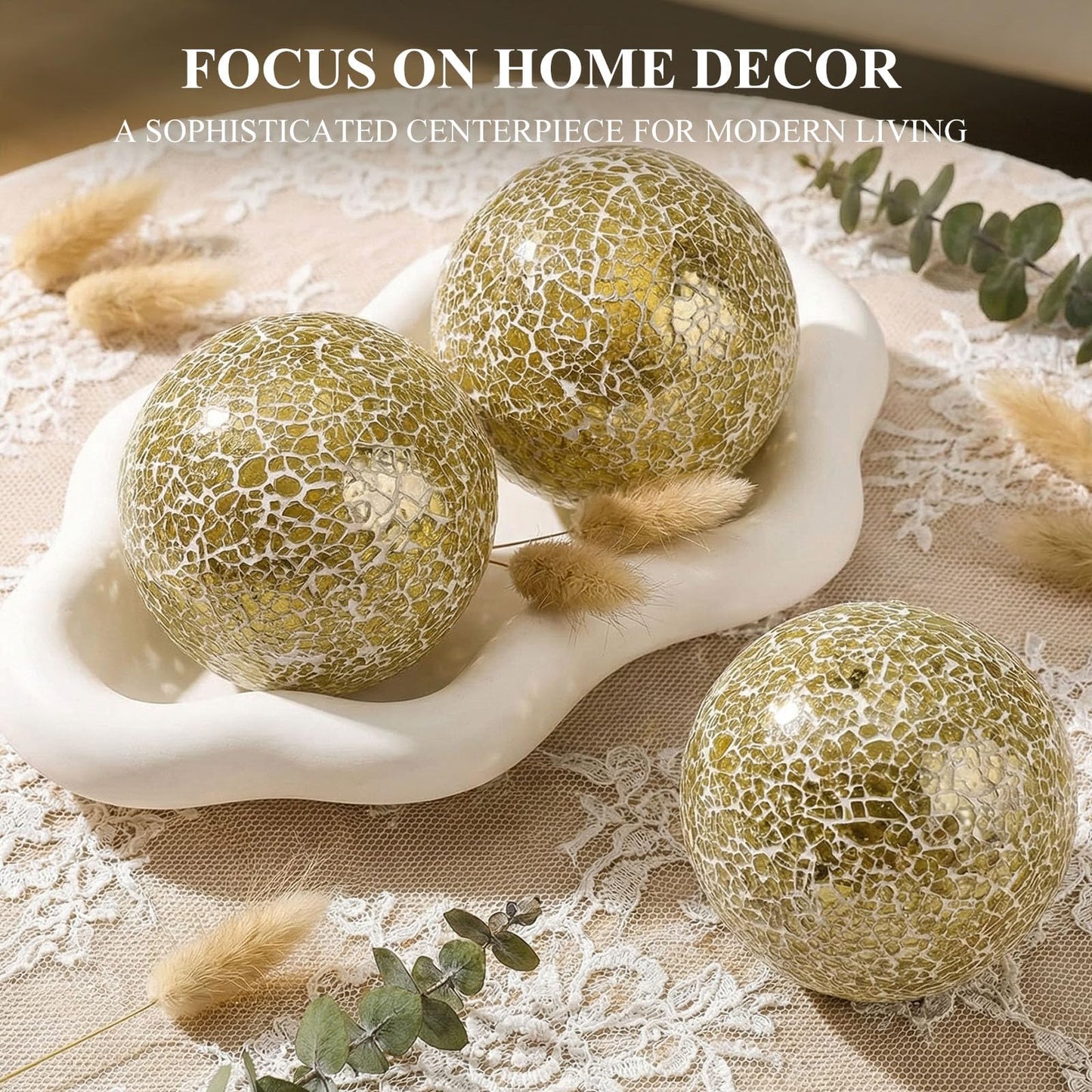 DomeStar 3PCS Decorative Balls, Mosaic Glass Orbs Centerpiece Balls 4inch Gold Orbs for Decorate Bowls Vases Tables Wedding Party