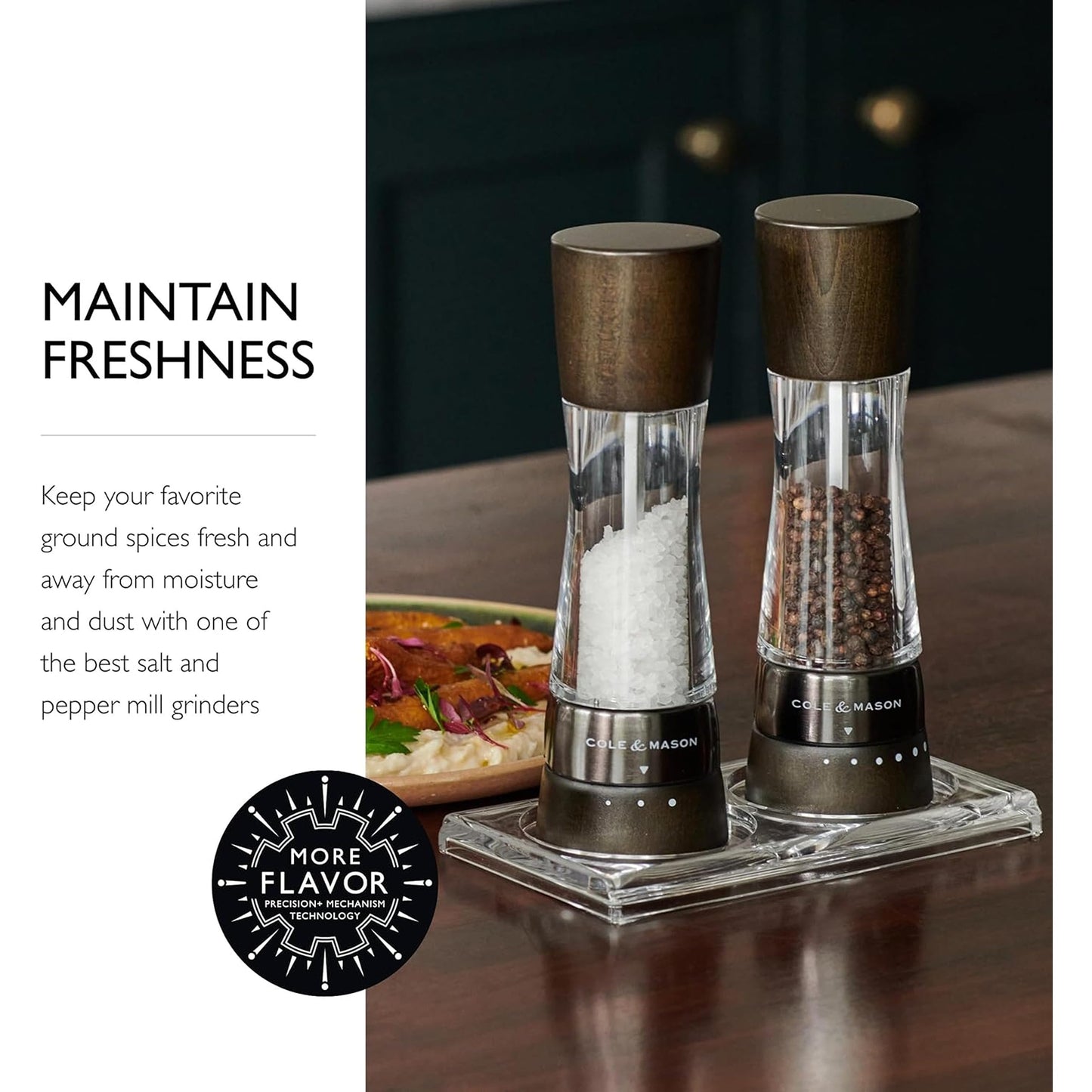 Cole & Mason Derwent Salt Mill - Gourmet Precision Salt Grinder - Refillable Seasoning and Spice Tools - Adjustable Seat, Himalayan and Kosher Salt Grinder Settings - Dark Wood