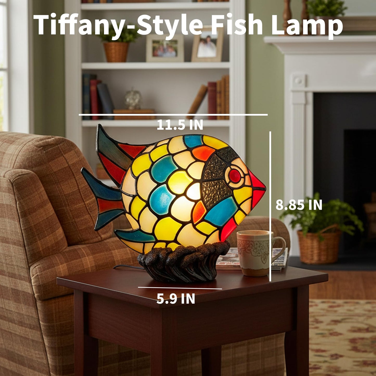 Tiffany Style Fish Table Lamp, Hand-Painted Resin Tropical Fish Accent Light, Coastal Decorative Stained Resin Look Bedside Lamp for Living Room, Bedroom, Beach House Decor, Unique Nautical Gift