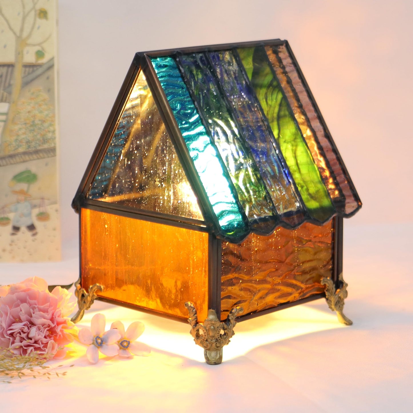 HWDFEI Small Tiffany Stained Glass Style Mini Lighthouse Table Lamp, Retro Decorative Lamp, Suitable for Bedroom Office Home Decoration 4.2X 4.2X 5.8(Blue Orange)