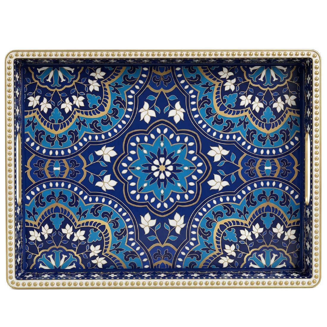 UOEKCS Boho Serving Tray with Handles, Large Rectangular Decorative Ottoman Tray with Gold Beaded Rim, Blue Floral Mandala Design, for Coffee Table, Kitchen Counter, Vanity, 15.7”x11.8”