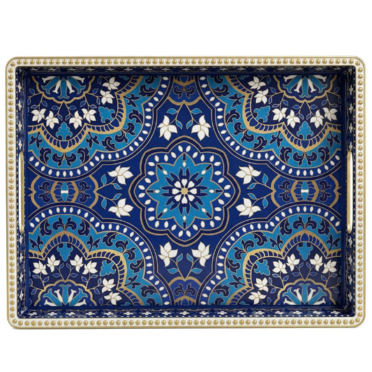 UOEKCS Boho Serving Tray with Handles, Large Rectangular Decorative Ottoman Tray with Gold Beaded Rim, Blue Floral Mandala Design, for Coffee Table, Kitchen Counter, Vanity, 15.7”x11.8”
