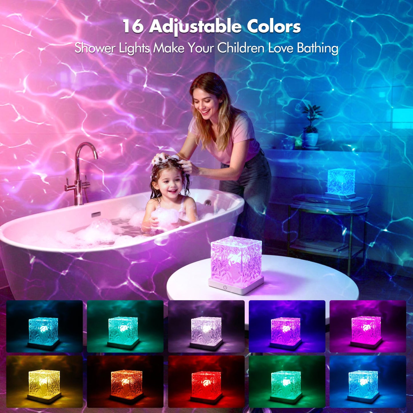 Loscarol Shower Light No Wiring, Rechargeable 16 Color Ocean Wave Projector Light, Dimmable Waterproof Shower Lamp with Remote, Ocean Lamp for Shower, Bathroom Night Light, Birthday Gifts for Girl