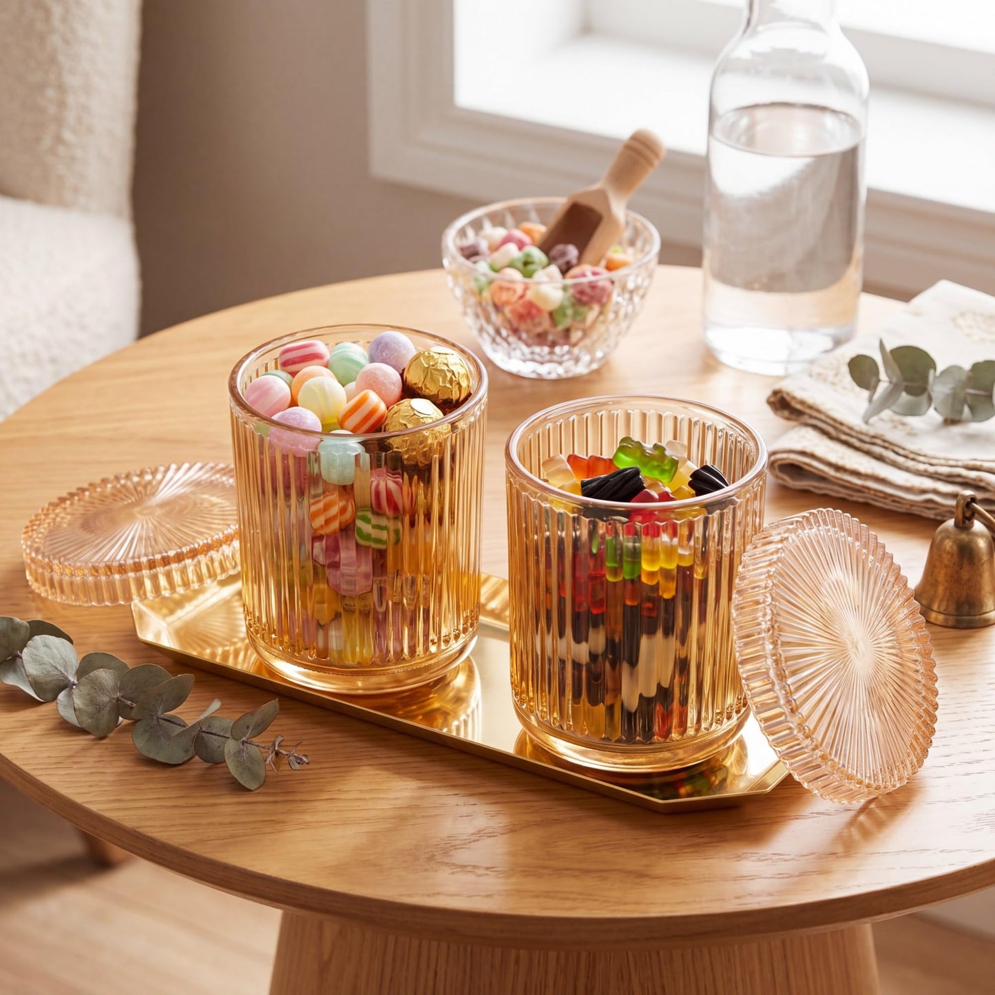 Yiyiring 2 Pcs Crystal Glass Candy Jars Set with Lids and Stainless Steel Vanity Tray, Q tip Holder, Apothecary Jars, Glass Bathroom Accessories Organizer, Esthetic Modern Bathroom Decor(Amber)