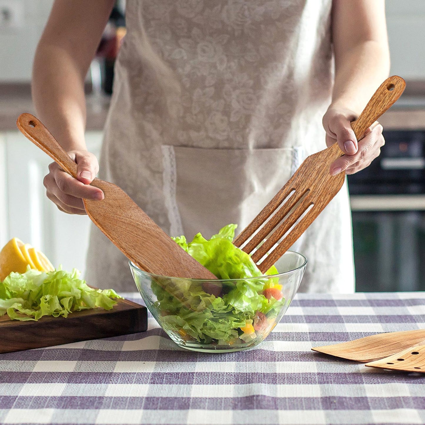 cobee 4PCS Wooden Spurtle Set, Teak Wood Spatula, Multipurpose Cooking Utensils for Non-Stick Cookware, Stirring, Scooping, Smashing, Serving