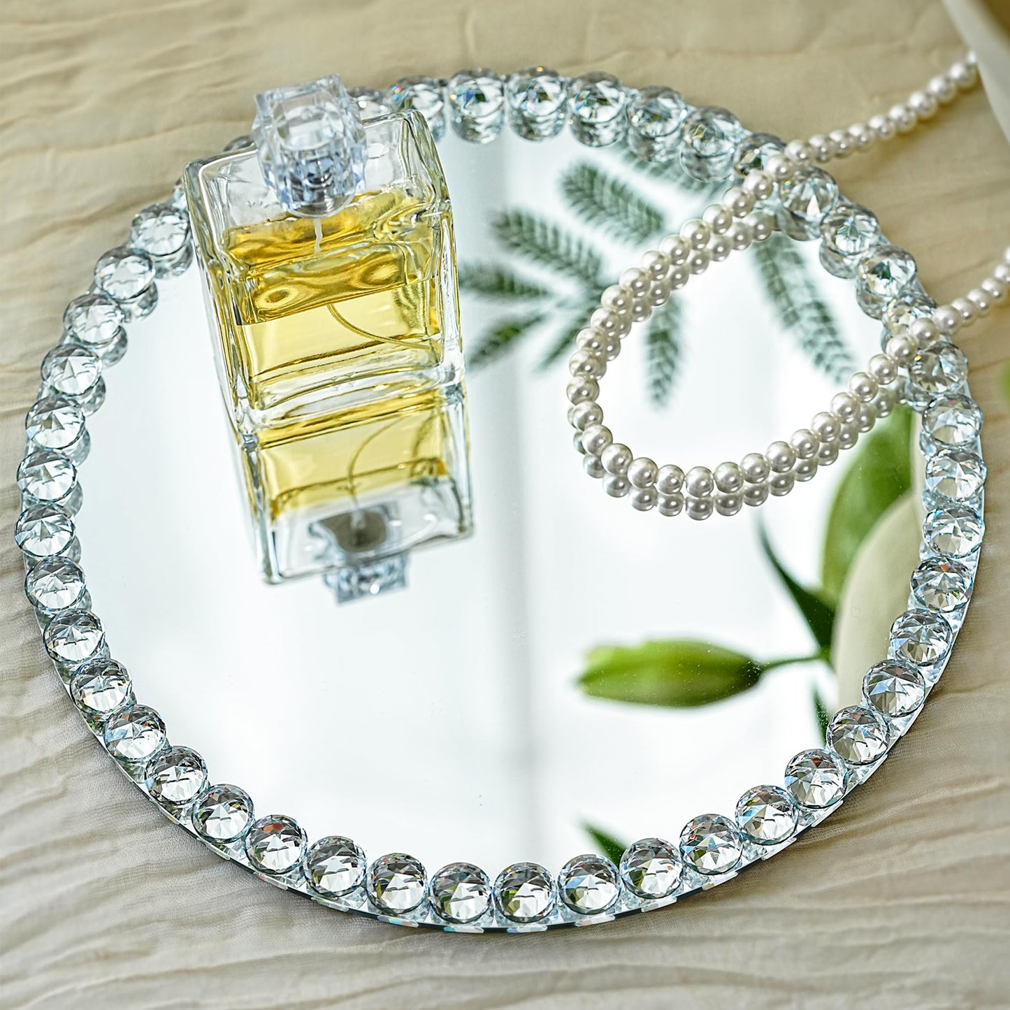 kanpura Crystal Perfume Tray Mirror Glass Makeup Vanity Organizer Jewelry Trinket Display Mirrored Decorative Tray for Bathroom Bedroom, Home Decor, Hotel Banquet, Party(Round 10 inch) (Silver)