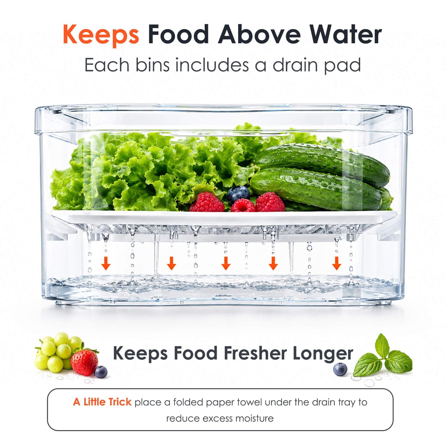 SMRCAD Refrigerator Organizers and Storage, 6 Pack with 1 Pull-Out Drawer and 5 Lidded Bins, Fruit Storage Containers for Fridge with Drain Trays, Helps Keep Produce Fresh
