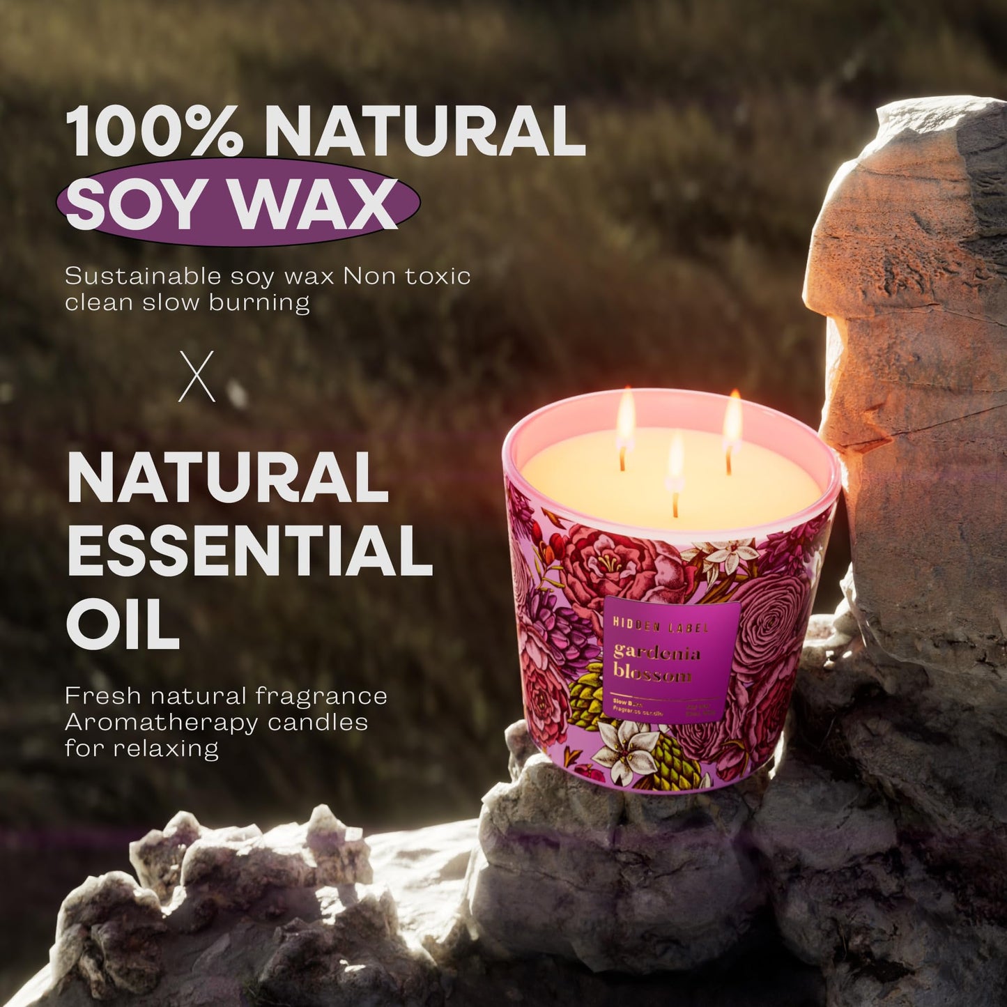 Hidden Label Gardenia Blossom Scented Candle, 30oz Large 3 Wick Natural Soy Wax Candle, 100 Hours Slow Burn Aromatherapy Candle for Stress Relief, Relax & Sleep, Gifts for Women & Men