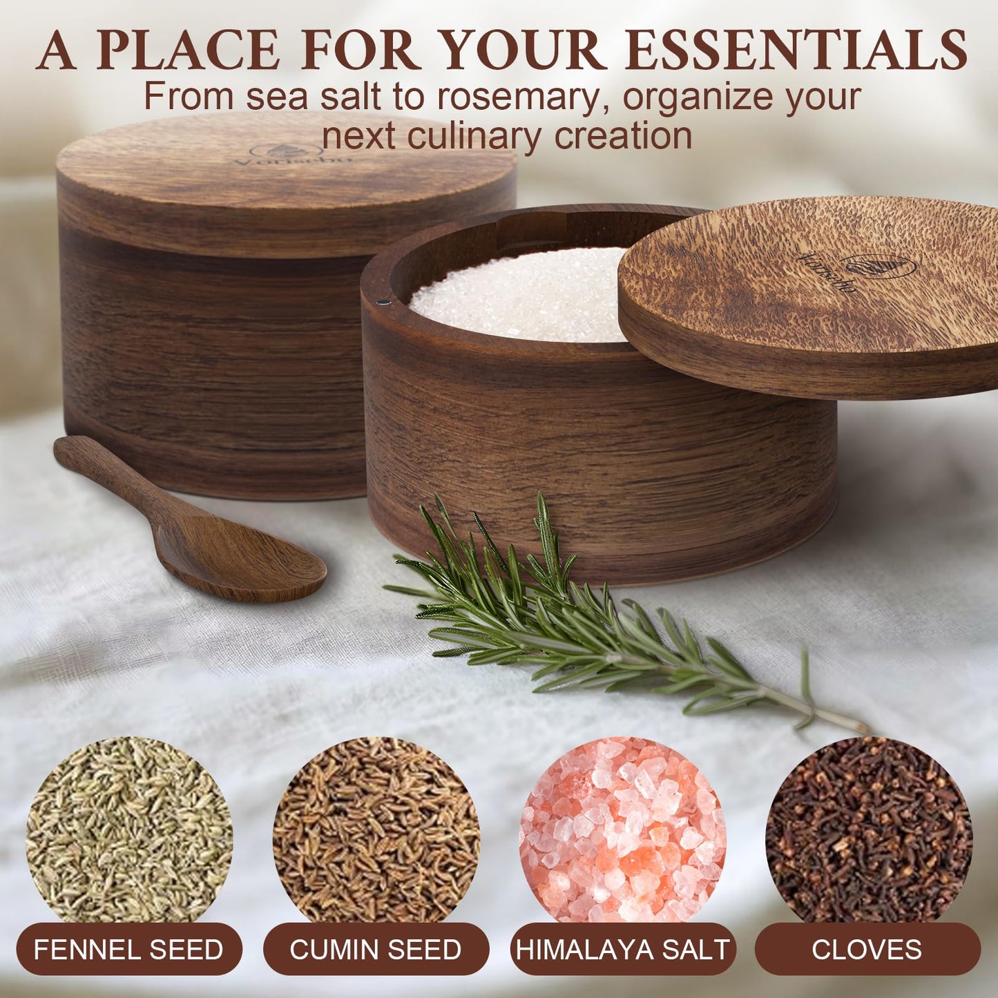 Set of 2 Acacia Wood Salt Container with Built-in Spoon, Elegant Salts Holder with Magnetic Swivel Lid, Each Salt Cellar Box Capacity 6OZ for Kitchen to Storage Pepper, Spice or Favorite Seasonings