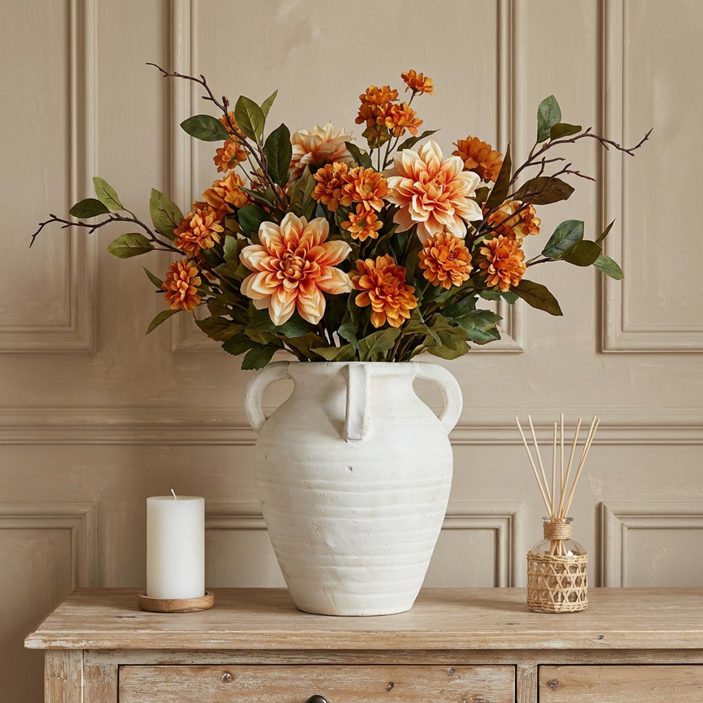 Rustic White Ceramic Vase, Wide Mouth Terracotta, Antique Decorative Flower Vase with 4 Handles, 9.7 in