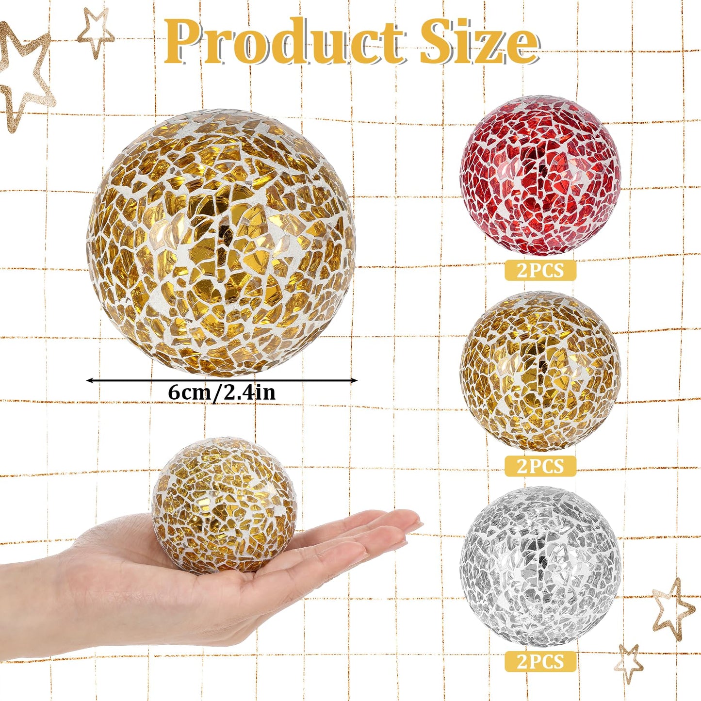 AOZUO 6 Pcs Decorative Balls for Bowls, 2.4 Inch Mosaic Sphere Balls Decorative, Mosaic Glass Orbs Centerpiece Balls Decoration for Vases Dining Table Home Living Room