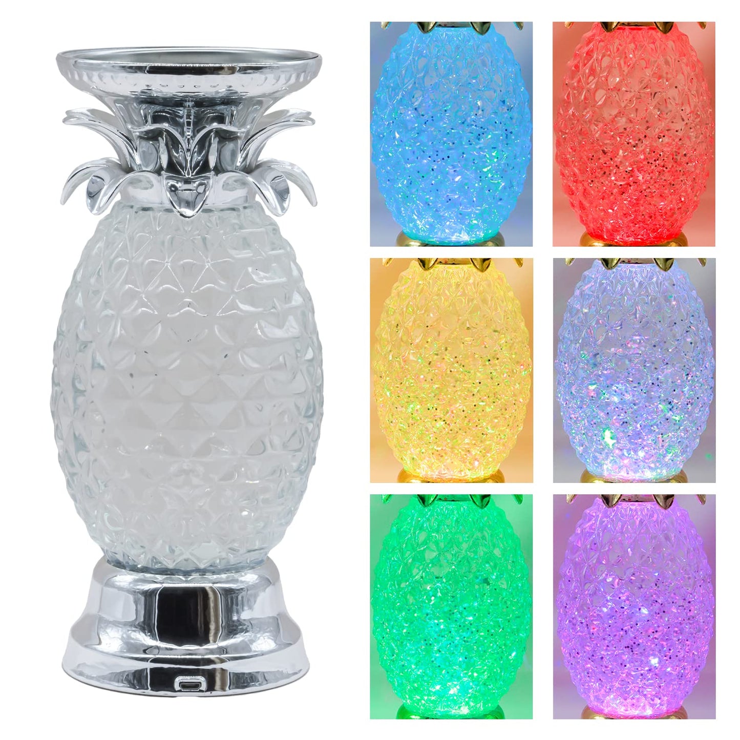 YAKii 9.5" Pineapple LED Color Changing Shine Lamp,Swirling Water Waves Lamp Kid Safe Battery/USB Cable Operated,Table Lamp Candle Holder Table Decoration Silver