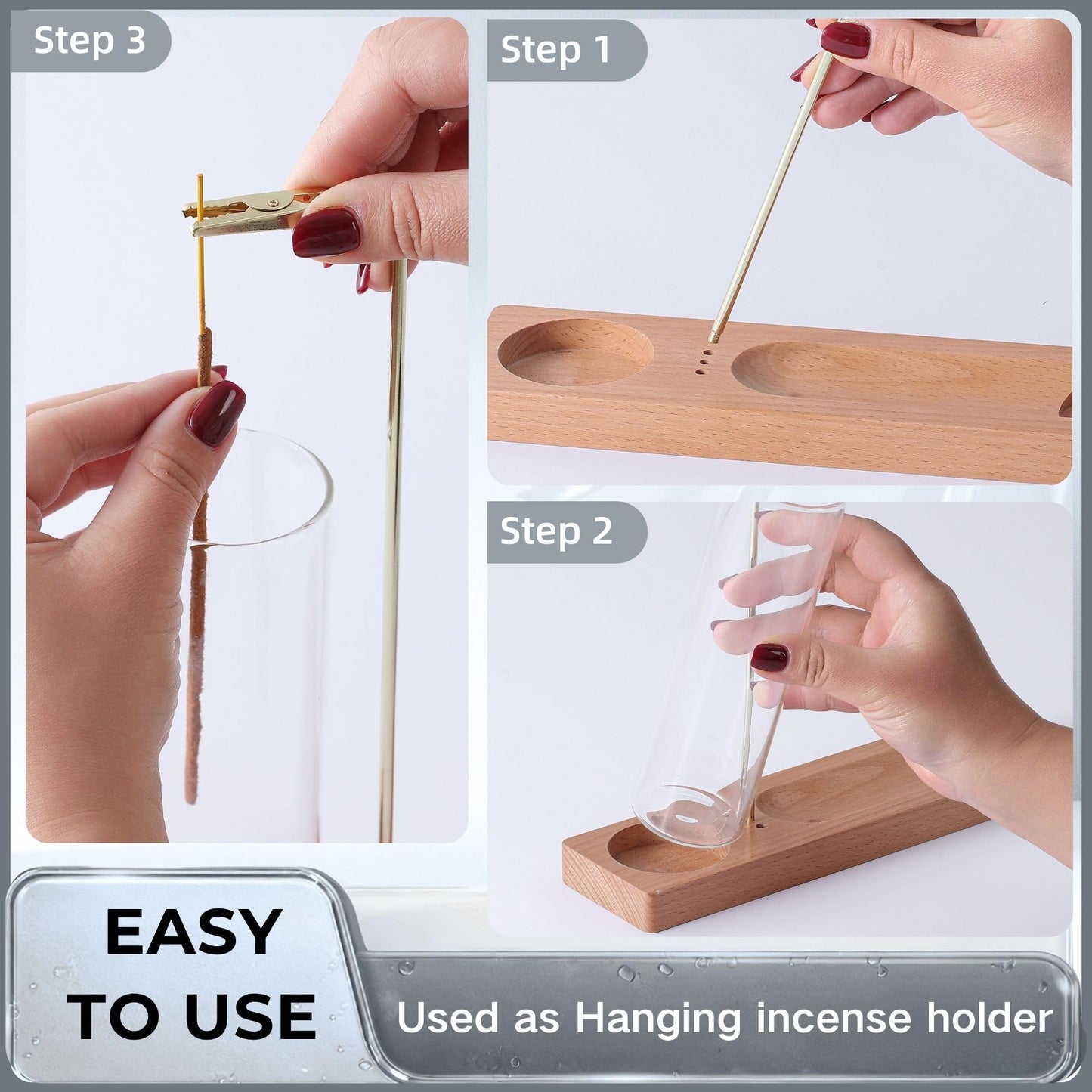 CrysDeco 3 in 1 Incense Holder for Burning Insence-Stick & Palo Santo & Sage Sticks, Hanging Upside Down Incense Stick Burner with Glass Ash Catcher, Lasting Burning Palo Santo Sage Burner for Altar