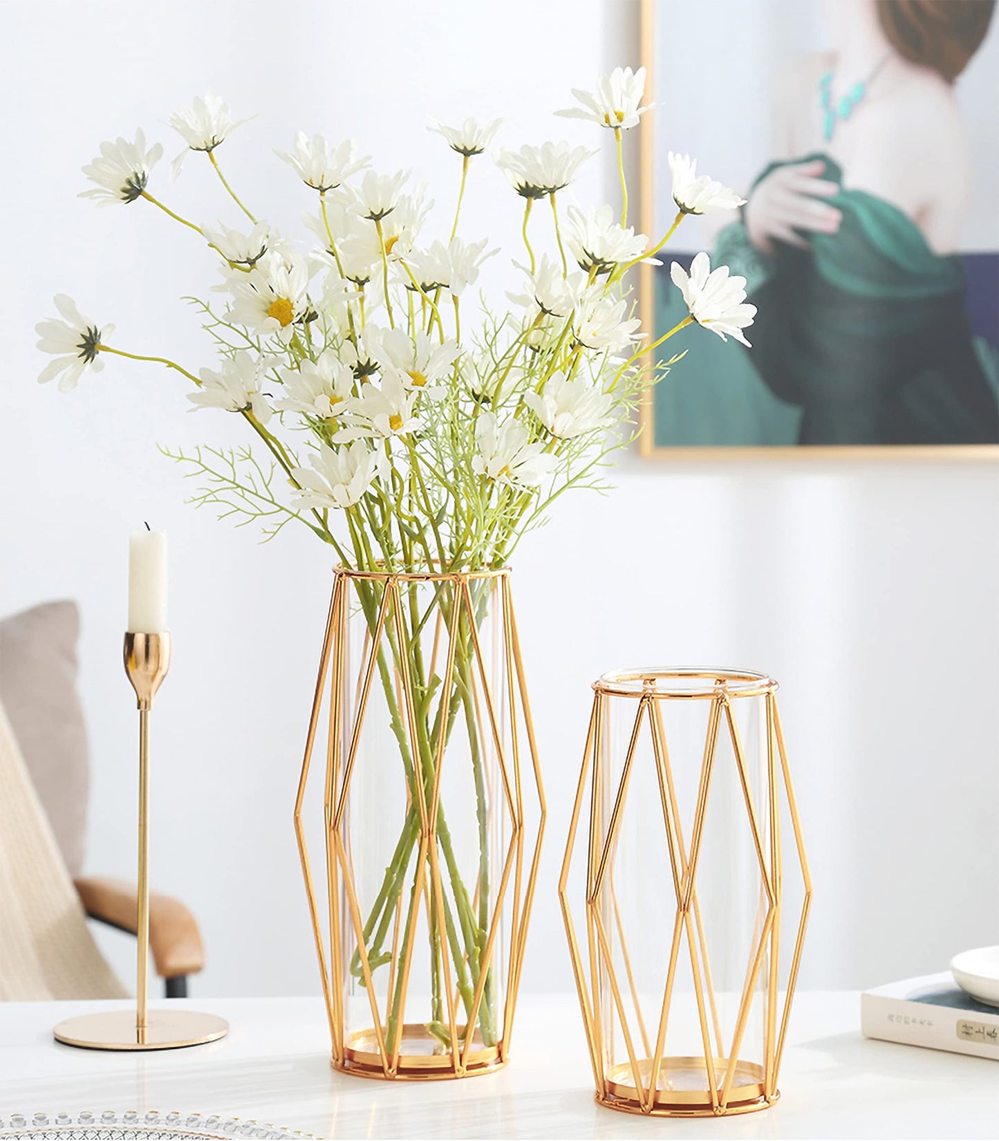 FSyueyun Gold Flower Glass Vases for Centerpieces with Premium Metal Rack, Modern Large Vases Home Decor Living Room or Wedding Centerpiece (11 Inches Tall)