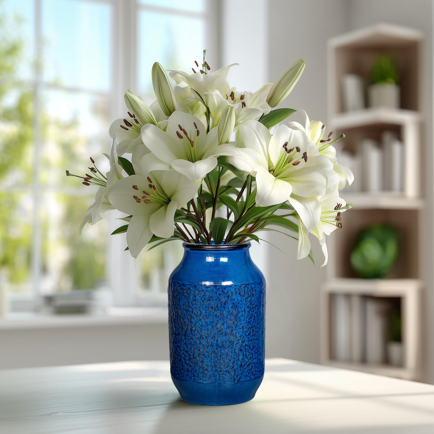 Wancetang Blue Vase for Decor, 9 inch Ceramic Flower Vase, Modern Decorative Vases Home Decor, Bathroom Bedroom Office Living Room Shelf Decoration