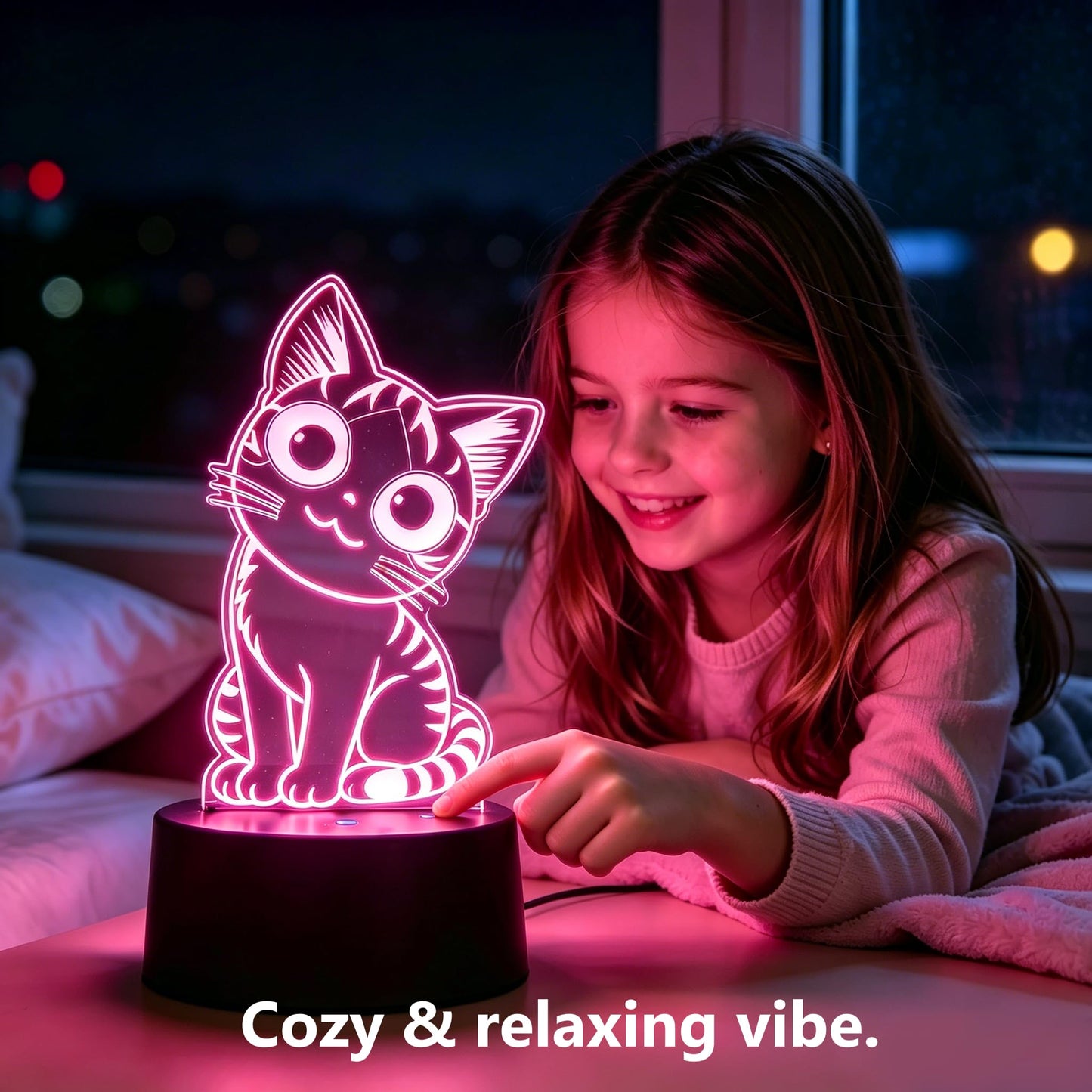 Lumipallas Cat Night Light Remote Control, Kitty Cute 3D Illusion RGB, Touch Bedside Lamp, Gifts for Kids Birthday, Bedroom Decor, Kids Room, Baby Nursery