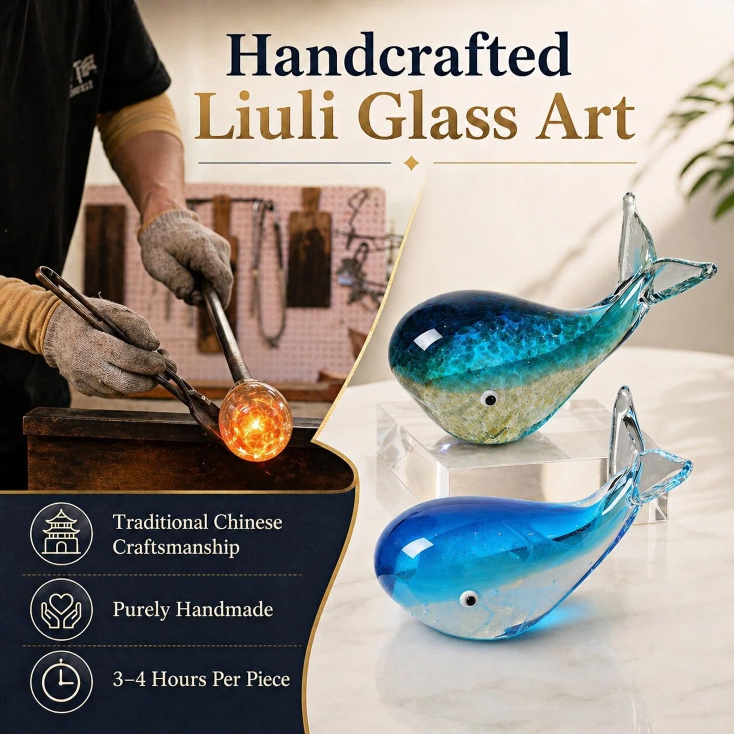 Tisuvimy Hand Blown Glass Whale Figurine, Blue Art Glass Whale Sculpture Ocean Animal Collectible, Decorative Glass Whale Statue for Home Office Desk Shelf Coastal Decor Gift (Light Blue)