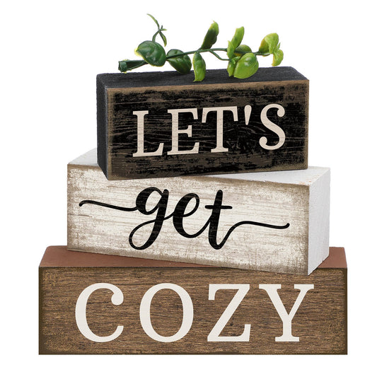 Moucuny 4 Pcs Farmhouse Table Decor Inspirational Wooden Signs Rustic Eucalyptus Leaves Wooden Block Sign Gift Let's Get Cozy Farmhouse Table Centerpiece for Living Room Housewarming Gift